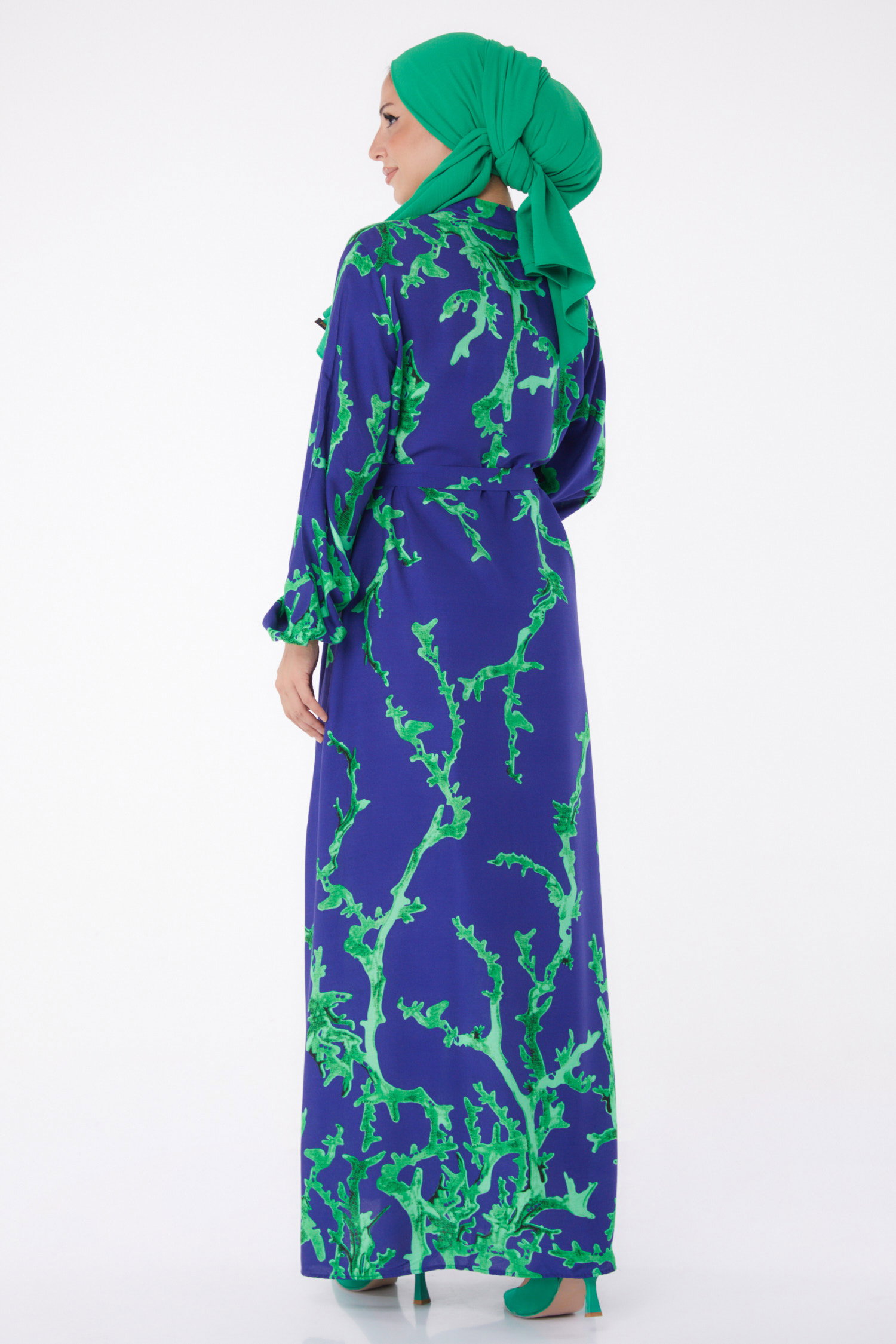 Desenli Kuşaklı Elbise Yesil - 25997 - 6