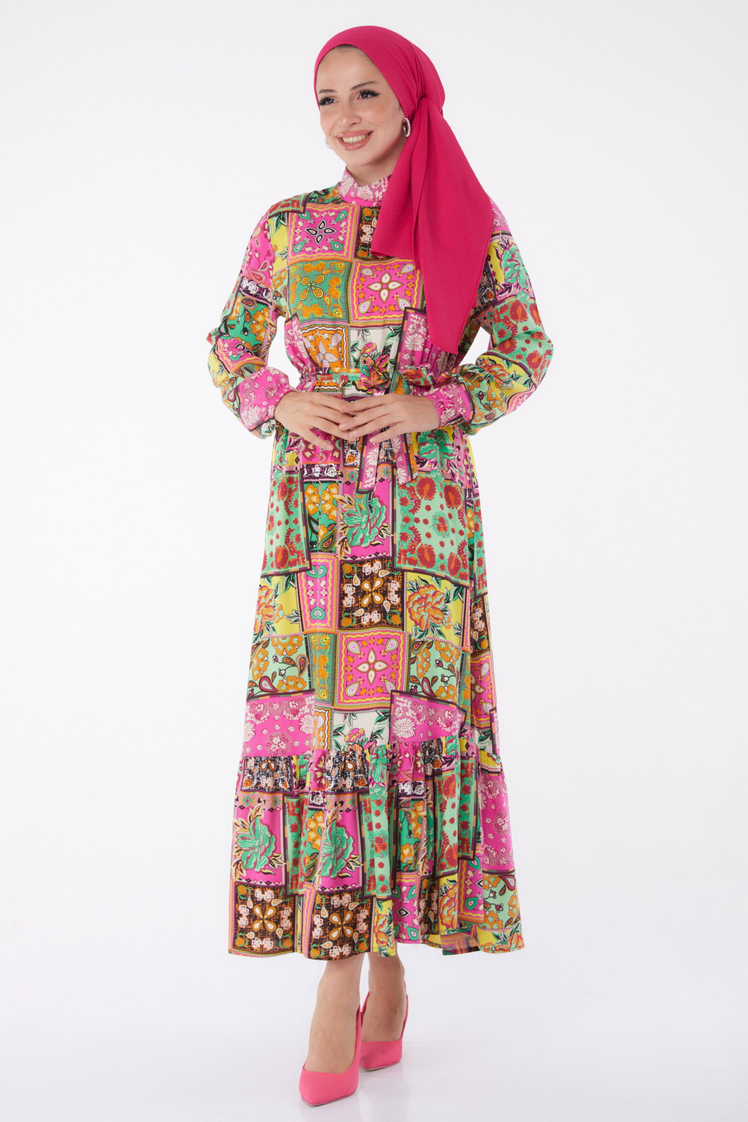 Desenli Kuşaklı Elbise Yesil - 26022 - 2
