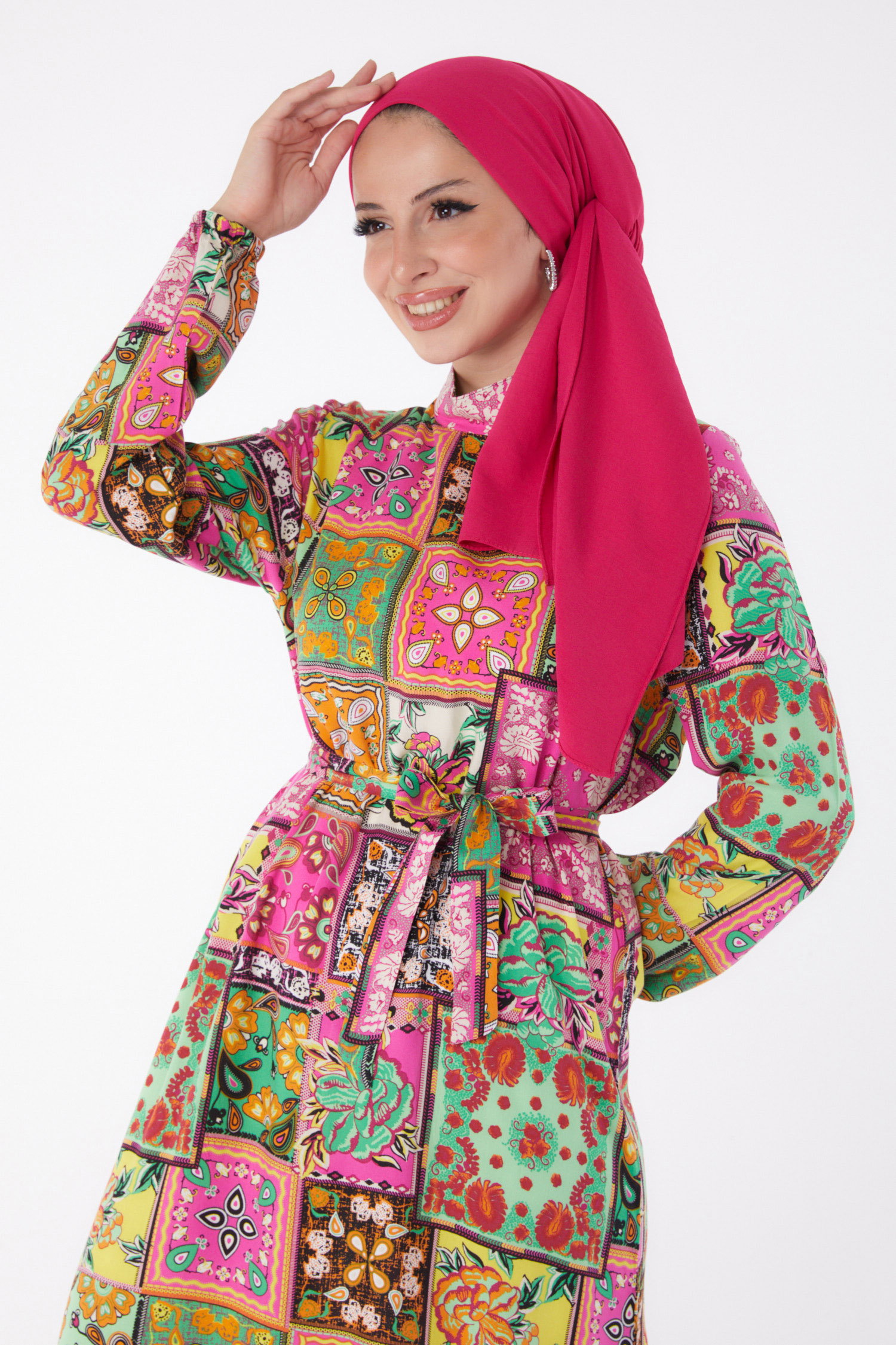 Desenli Kuşaklı Elbise Yesil - 26022 - 4