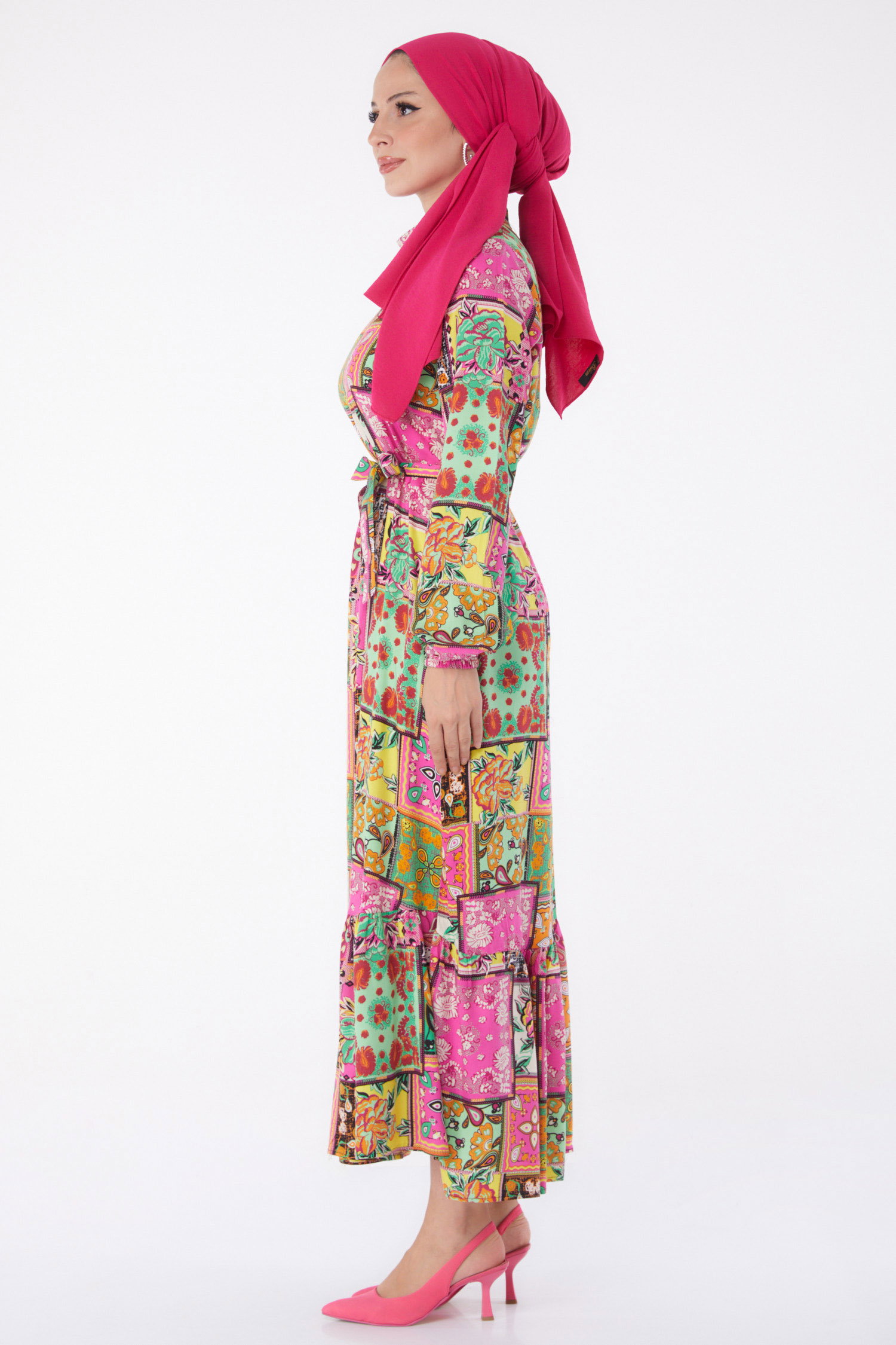 Desenli Kuşaklı Elbise Yesil - 26022 - 5