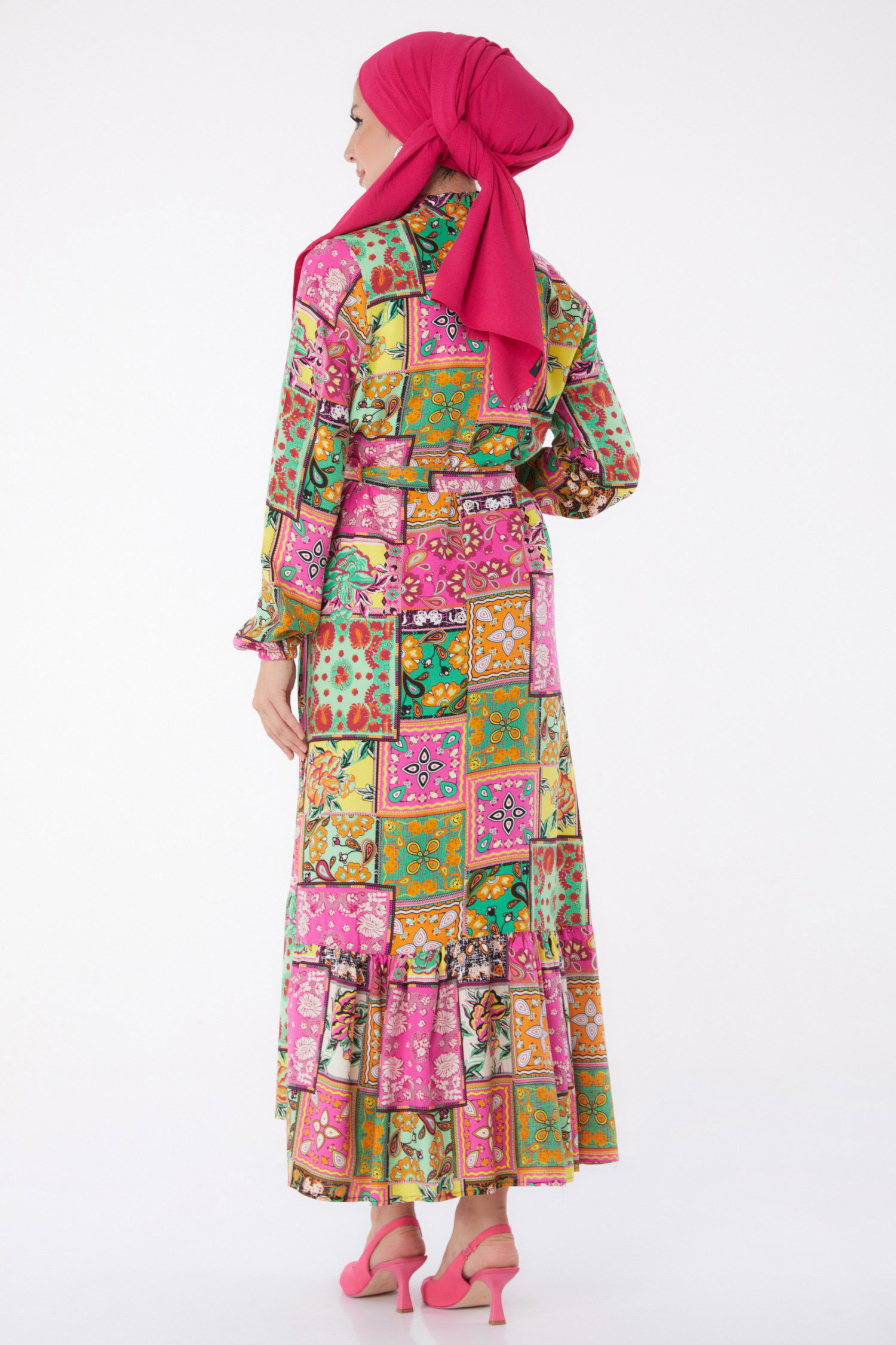 Desenli Kuşaklı Elbise Yesil - 26022 - 6