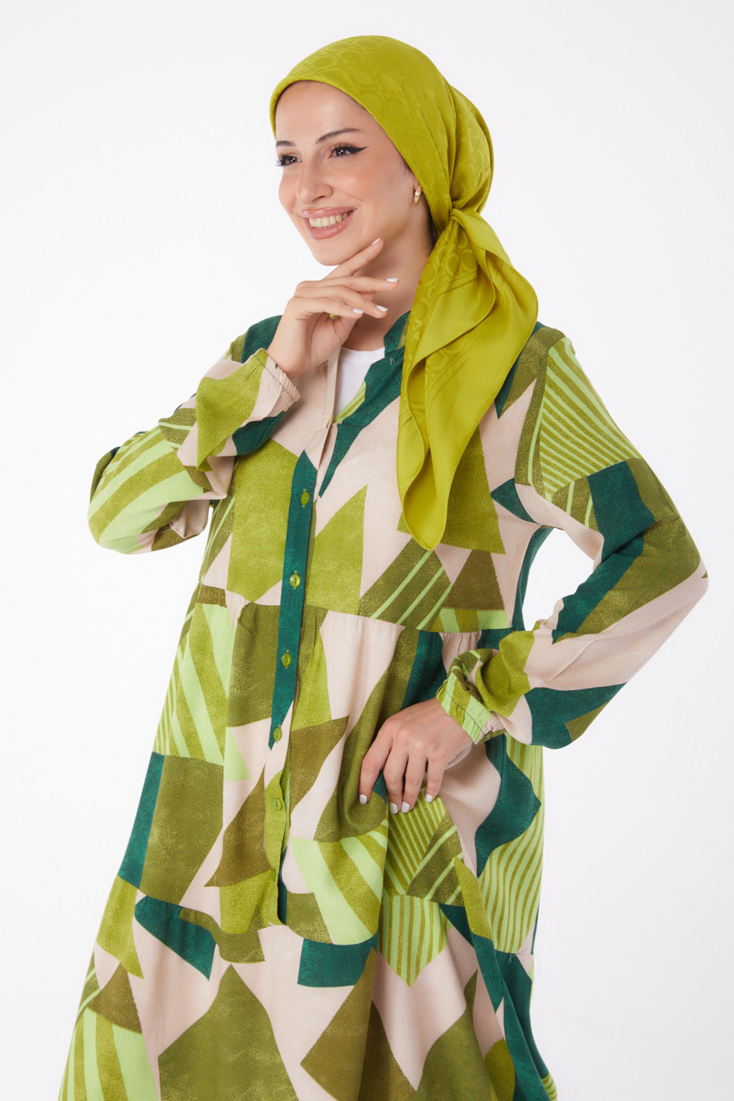 Düğmeli Desenli Elbise Yesil - 26042 - 2
