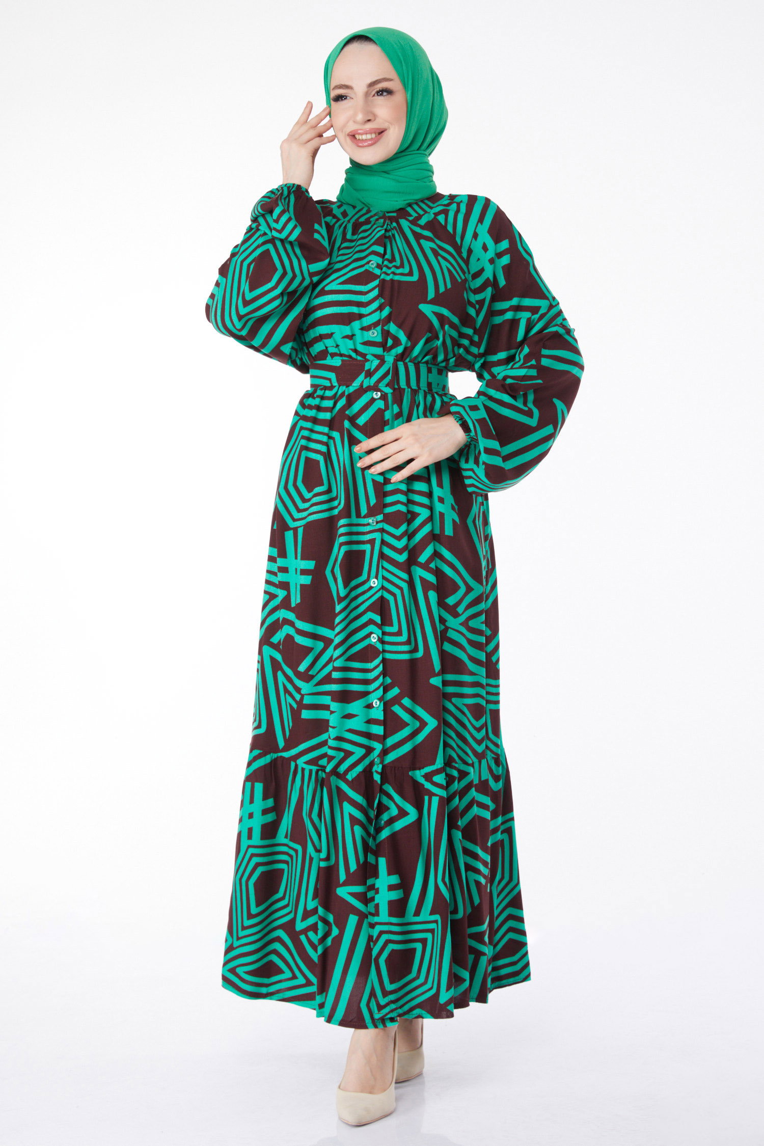 Kemerli Desenli Renkli Elbise Yesil - 24991 - 1