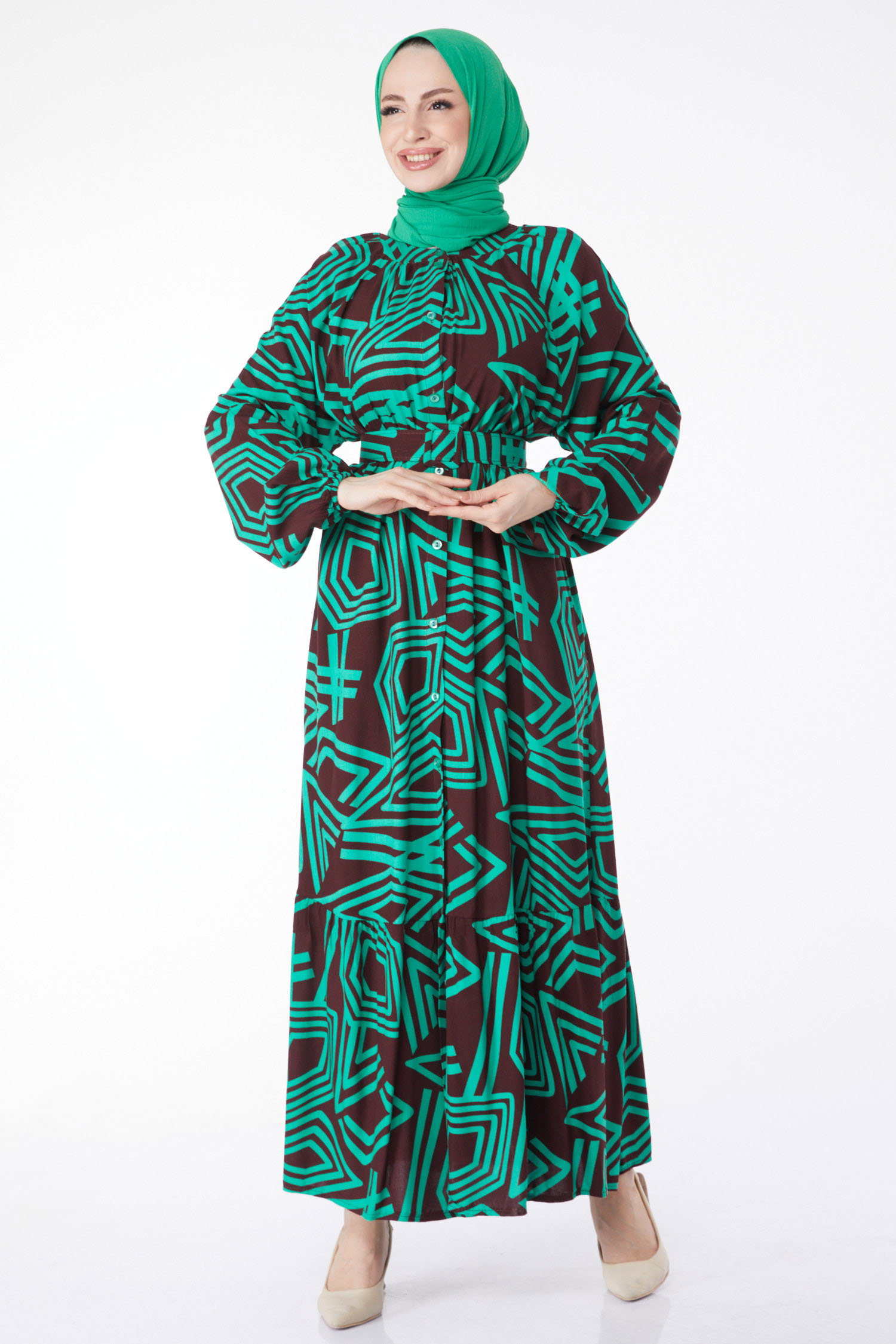 Kemerli Desenli Renkli Elbise Yesil - 24991 - 2