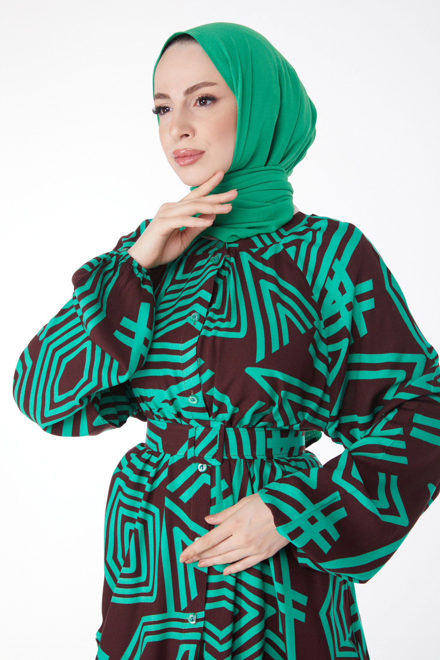 Kemerli Desenli Renkli Elbise Yesil - 24991 - 3