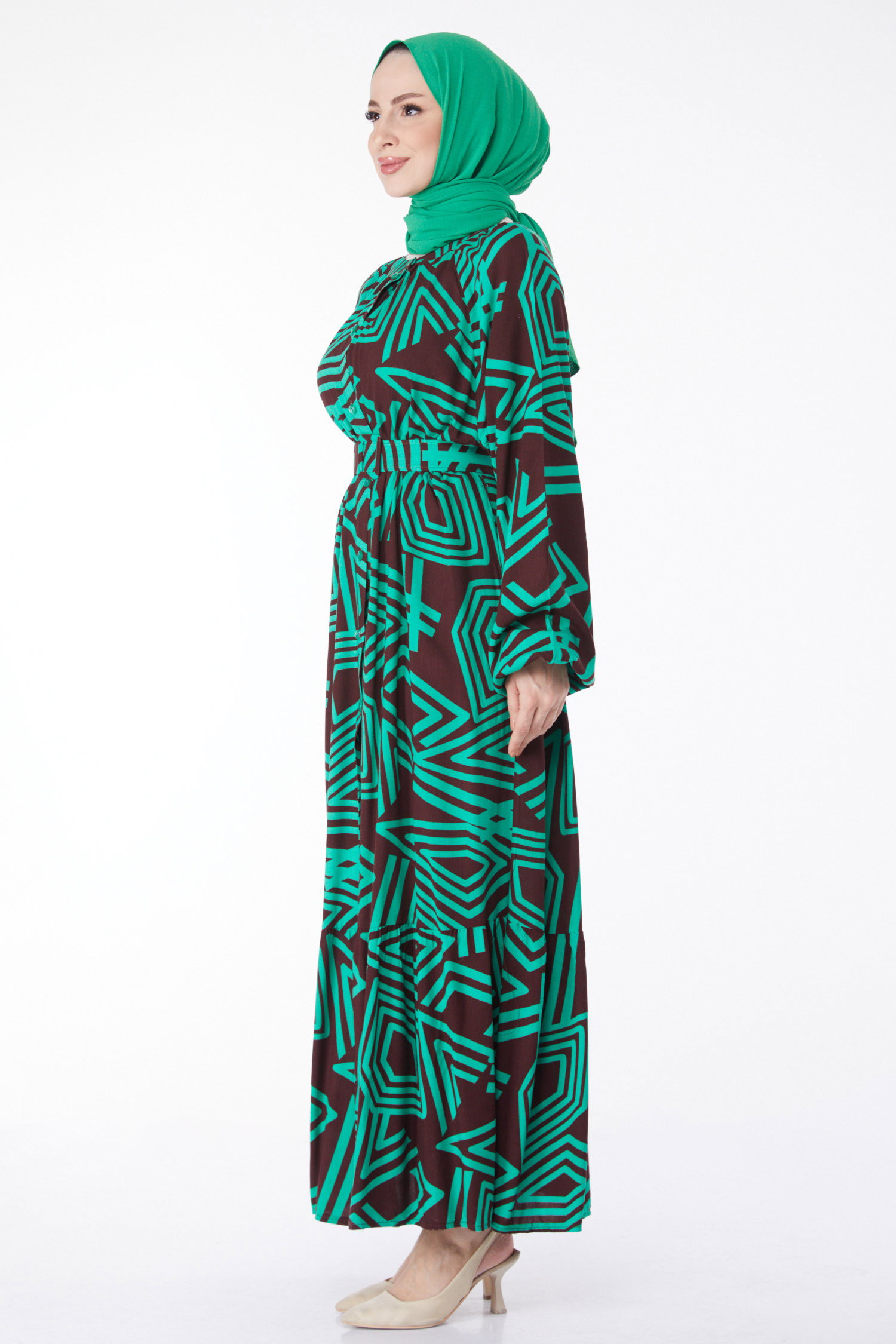 Kemerli Desenli Renkli Elbise Yesil - 24991 - 4