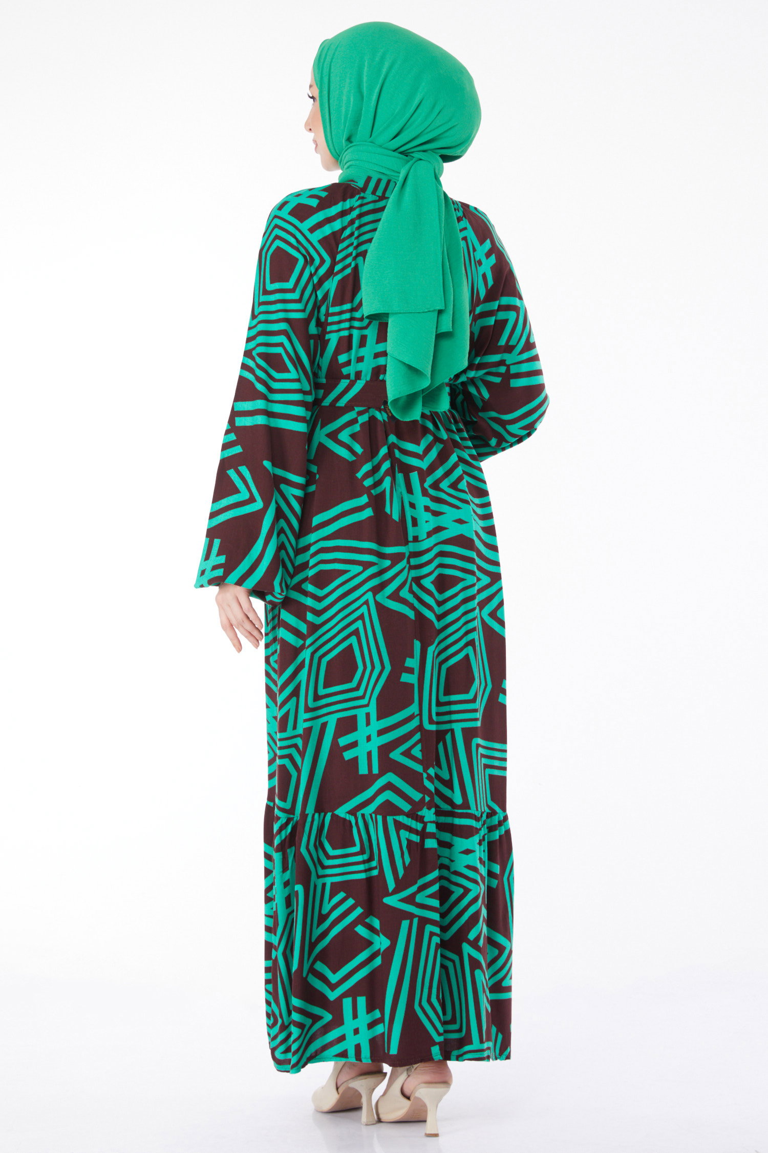 Kemerli Desenli Renkli Elbise Yesil - 24991 - 5