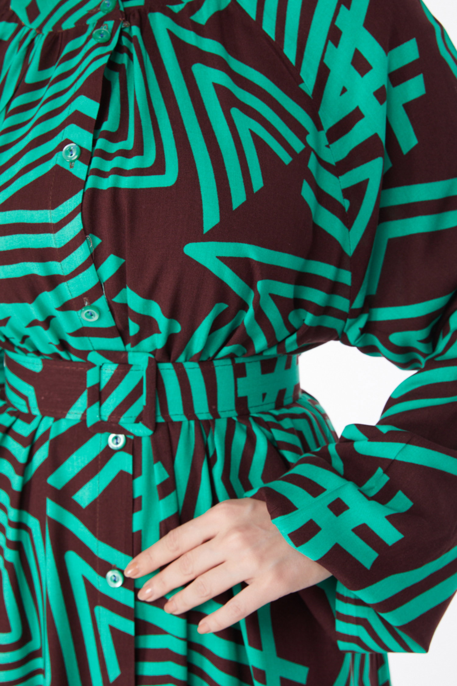 Kemerli Desenli Renkli Elbise Yesil - 24991 - 6