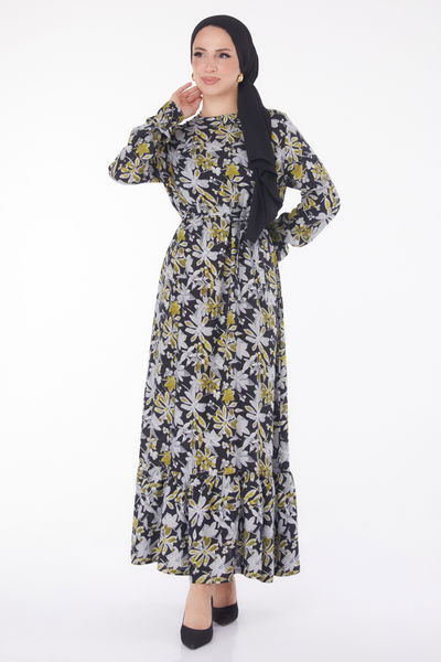 Kuşaklı Desenli Elbise Yesil - 25799 