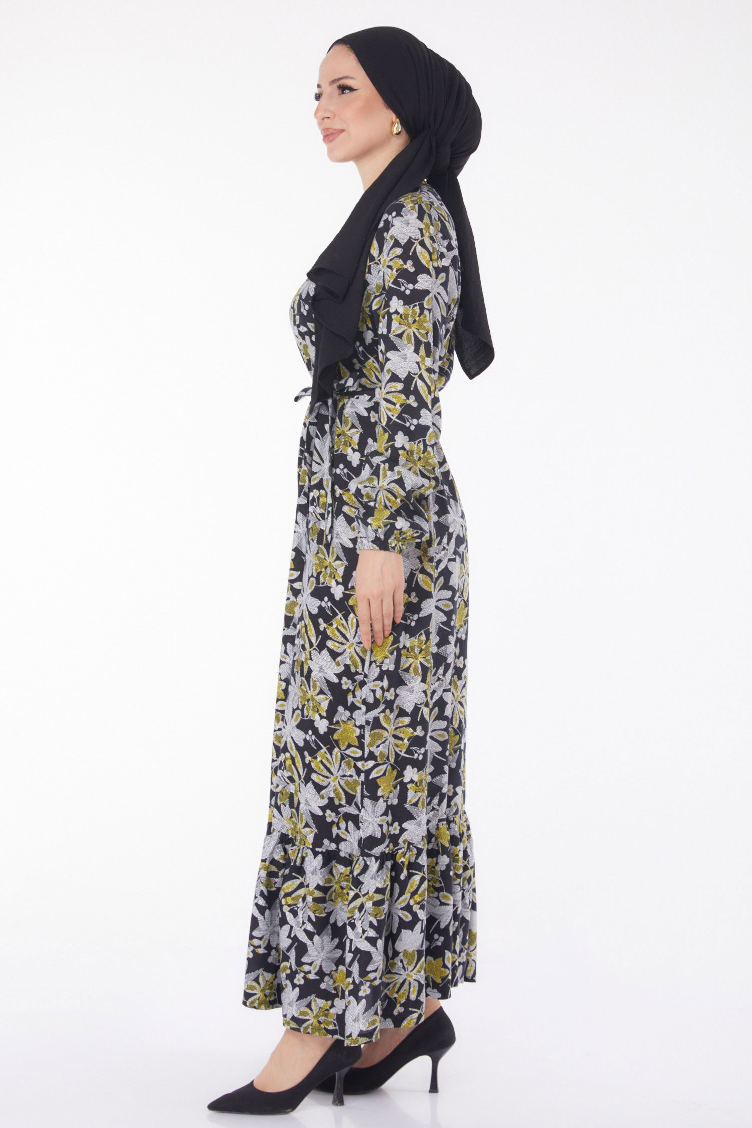 Kuşaklı Desenli Elbise Yesil - 25799 - 3