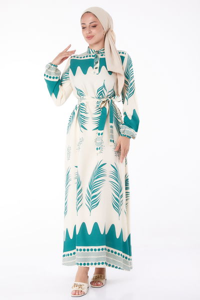 Sulu Deseli Patlı Elbise Yesil - 13270 