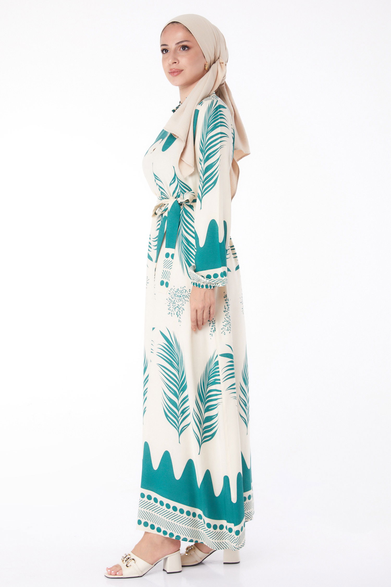 Sulu Deseli Patlı Elbise Yesil - 13270 - 5