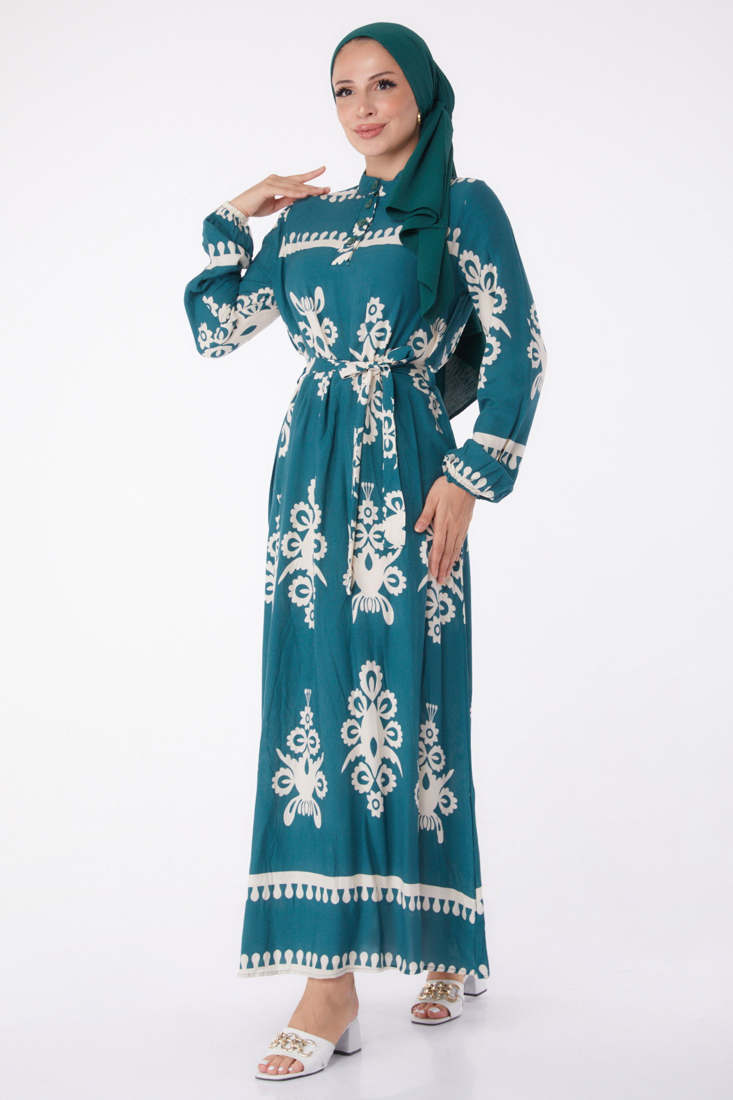 Desenli Kuşaklı Elbise Zümrüt - 13267 - 1