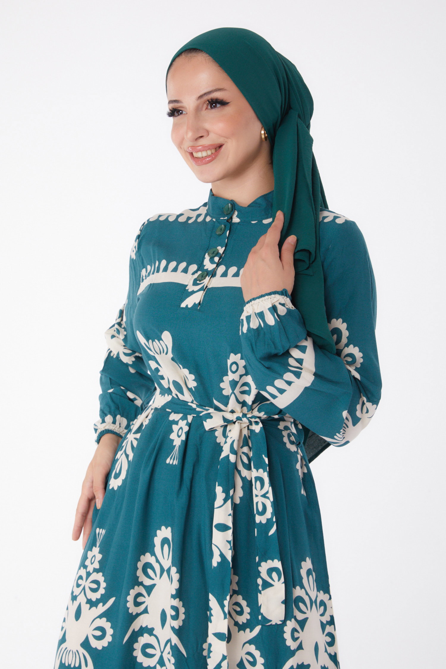 Desenli Kuşaklı Elbise Zümrüt - 13267 - 2