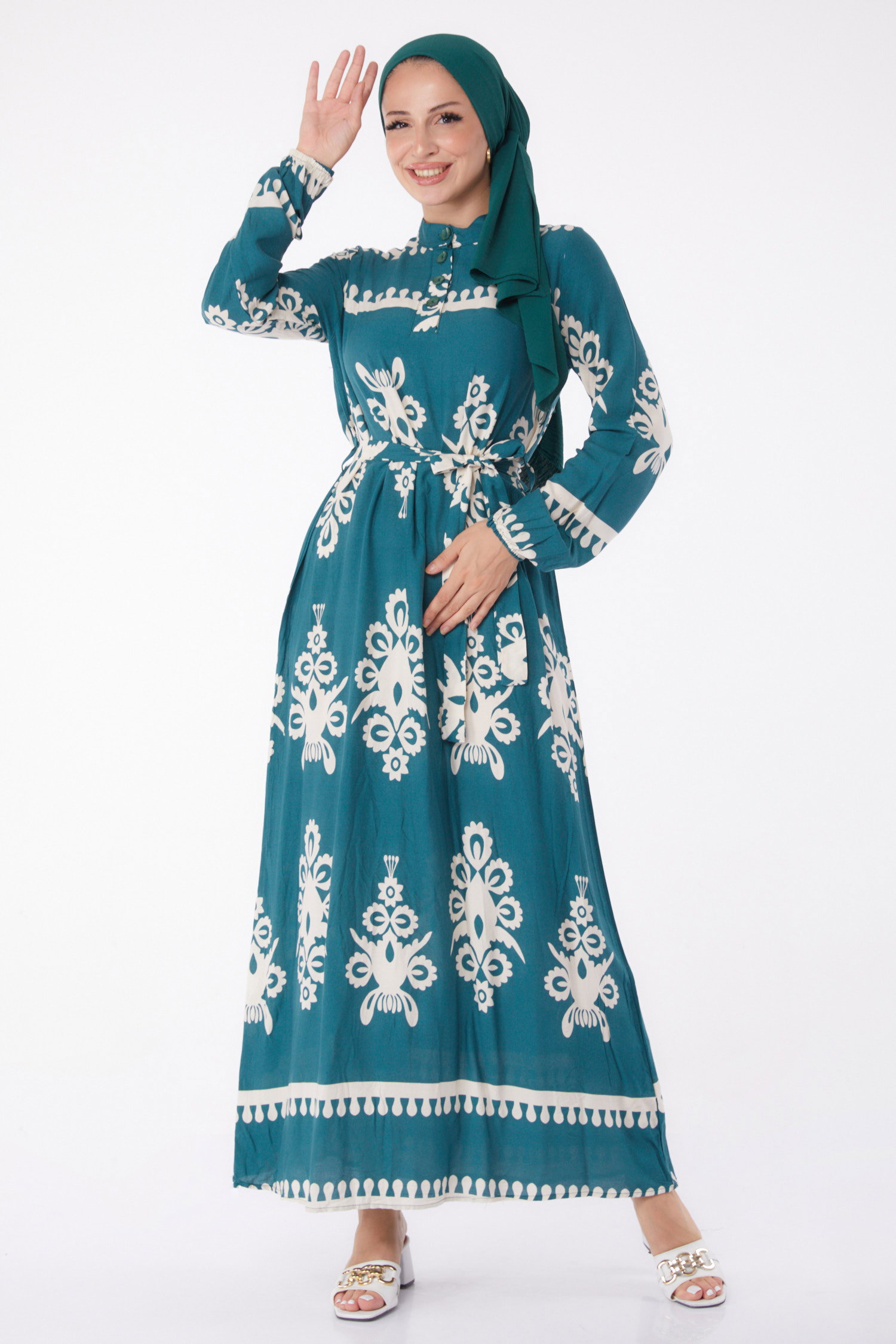 Desenli Kuşaklı Elbise Zümrüt - 13267 - 3