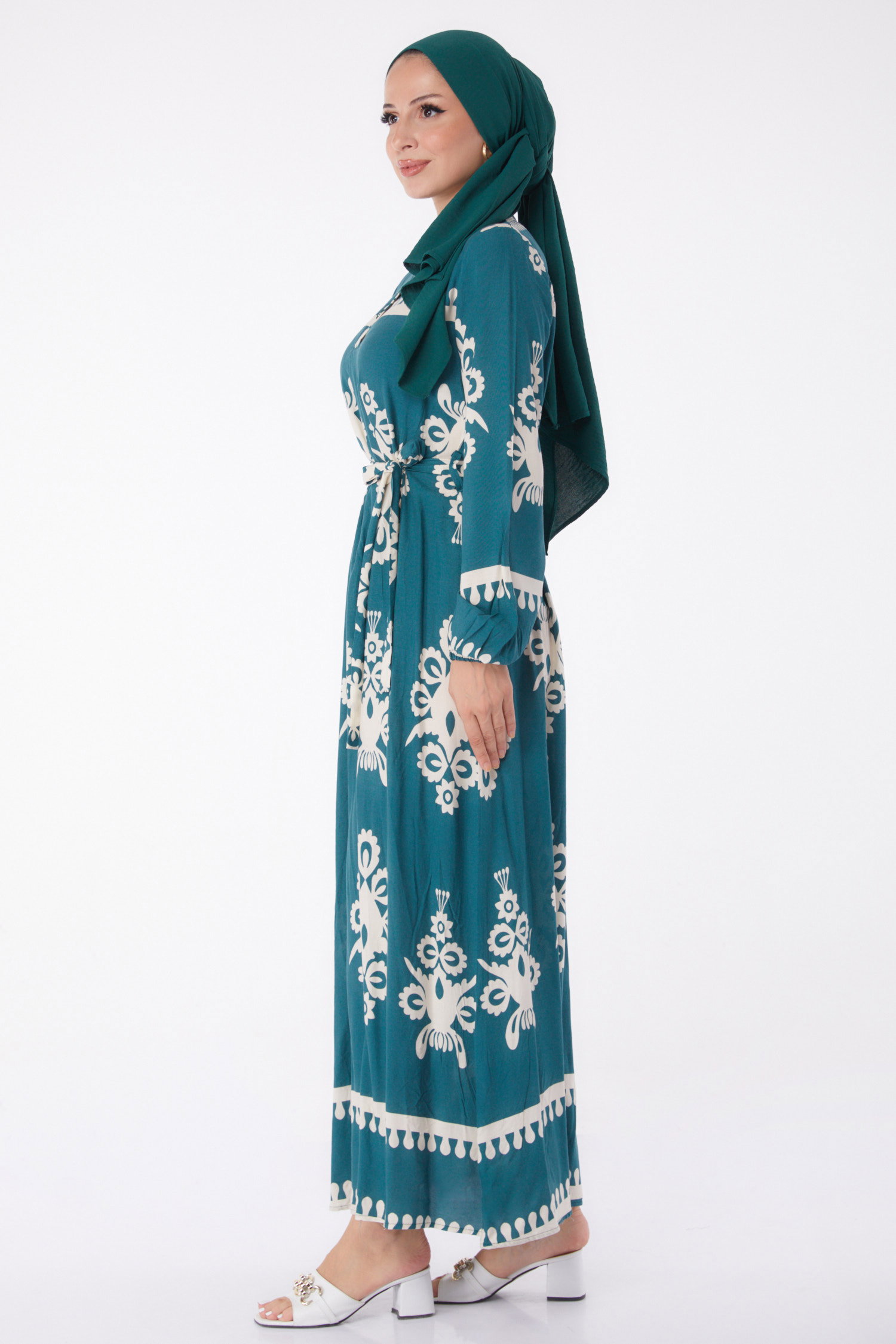 Desenli Kuşaklı Elbise Zümrüt - 13267 - 4