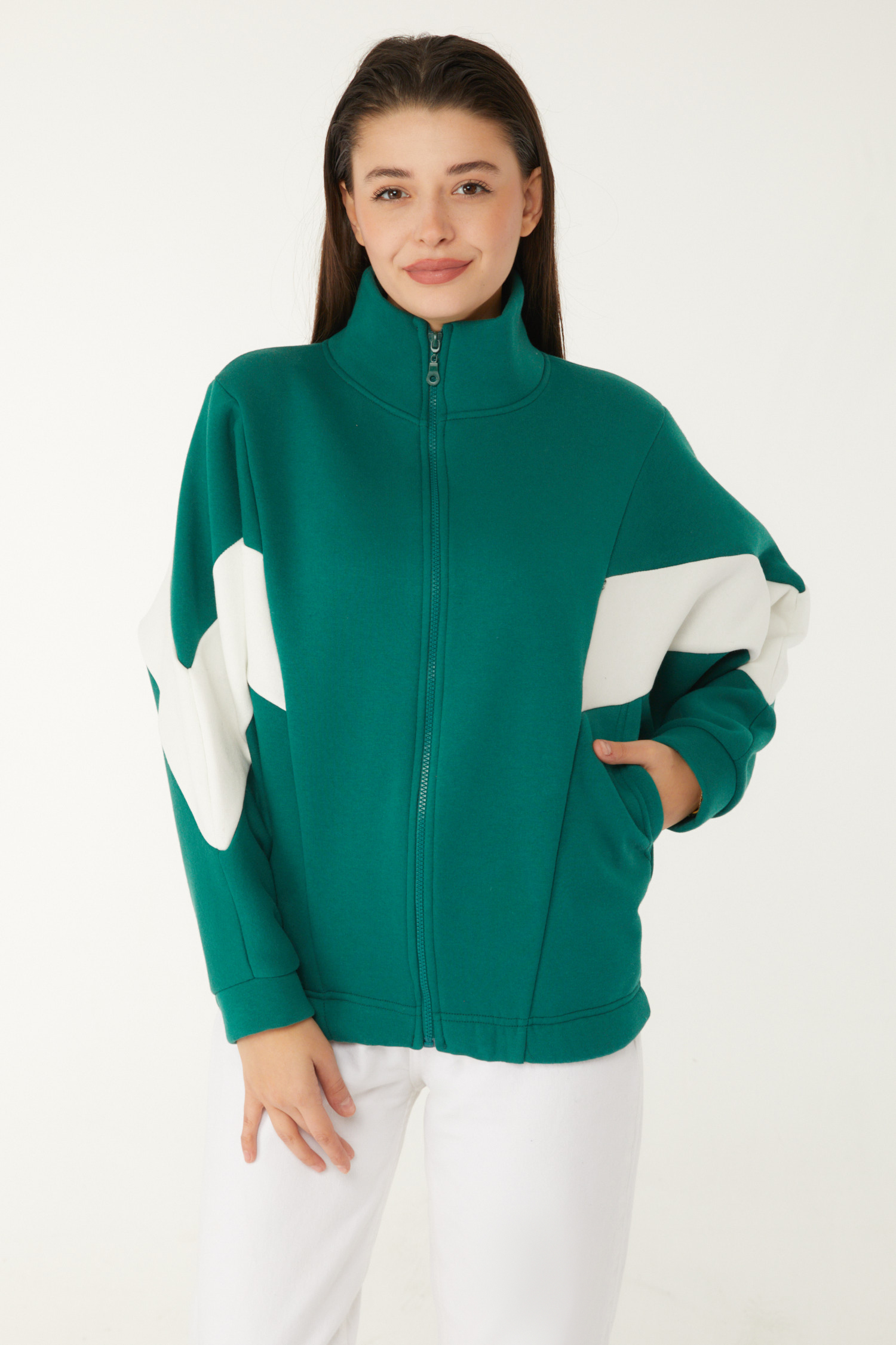 Düz Hakim Yaka Kadın Zümrüt Fermuarlı sweatshirt - 26543 - 1