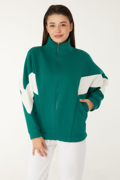 Düz Hakim Yaka Kadın Zümrüt Fermuarlı sweatshirt - 26543 