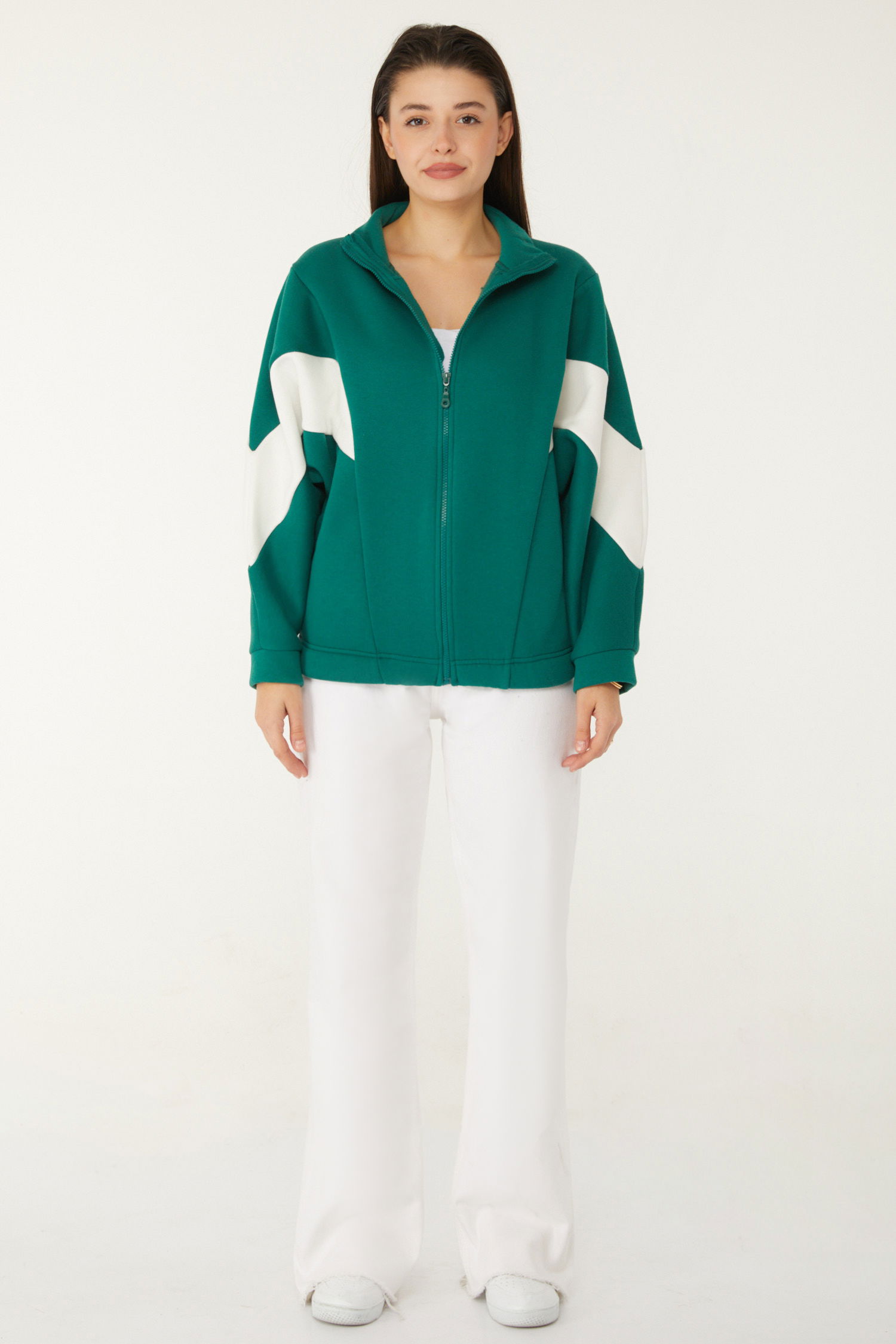 Düz Hakim Yaka Kadın Zümrüt Fermuarlı sweatshirt - 26543 - 2