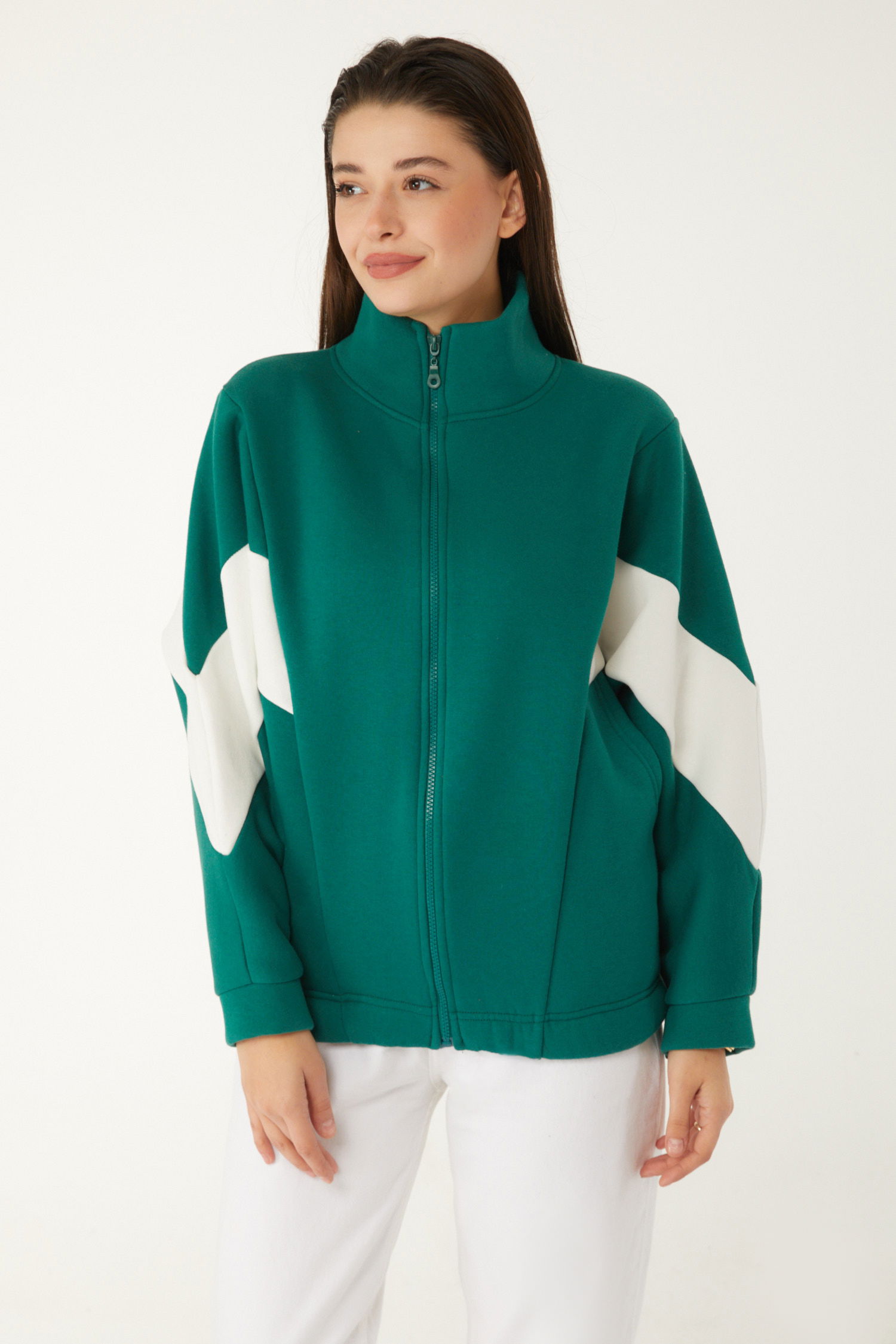 Düz Hakim Yaka Kadın Zümrüt Fermuarlı sweatshirt - 26543 - 3