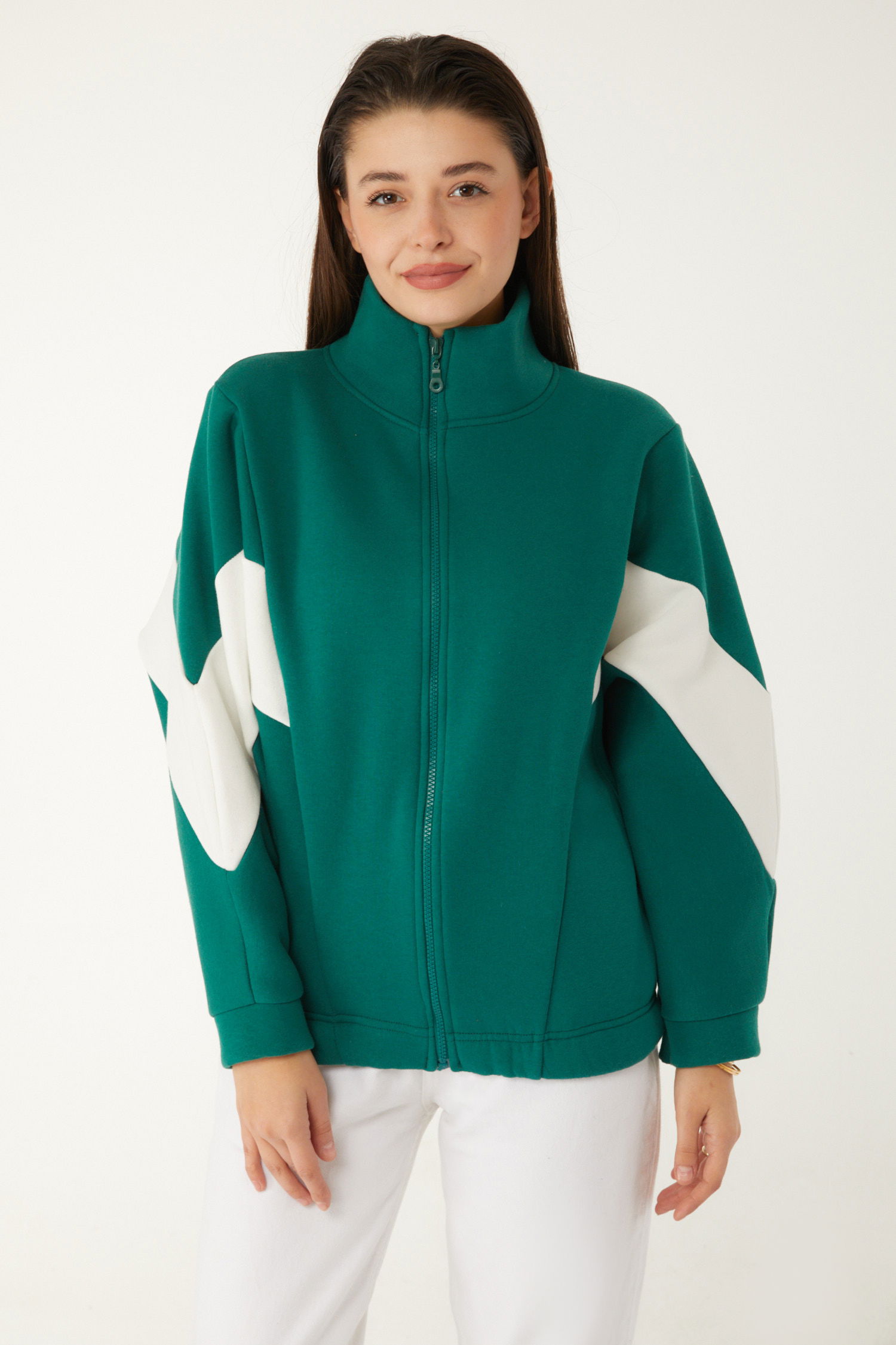 Düz Hakim Yaka Kadın Zümrüt Fermuarlı sweatshirt - 26543 - 4