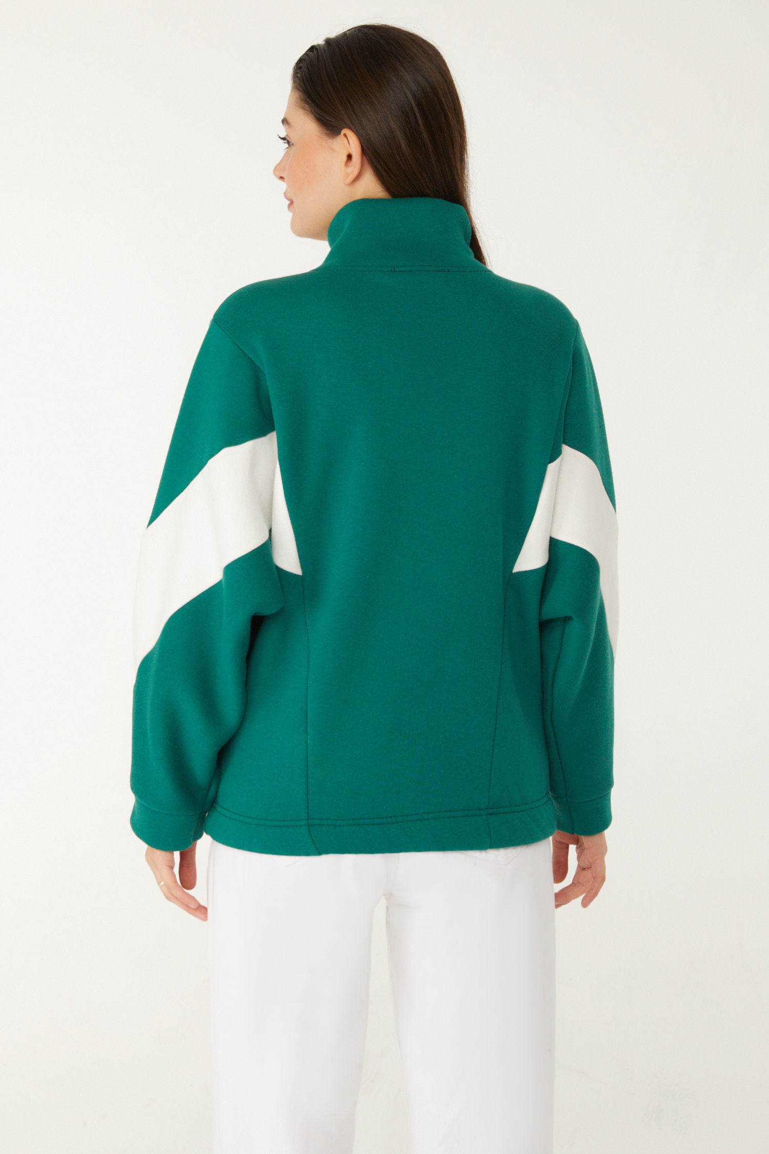 Düz Hakim Yaka Kadın Zümrüt Fermuarlı sweatshirt - 26543 - 5