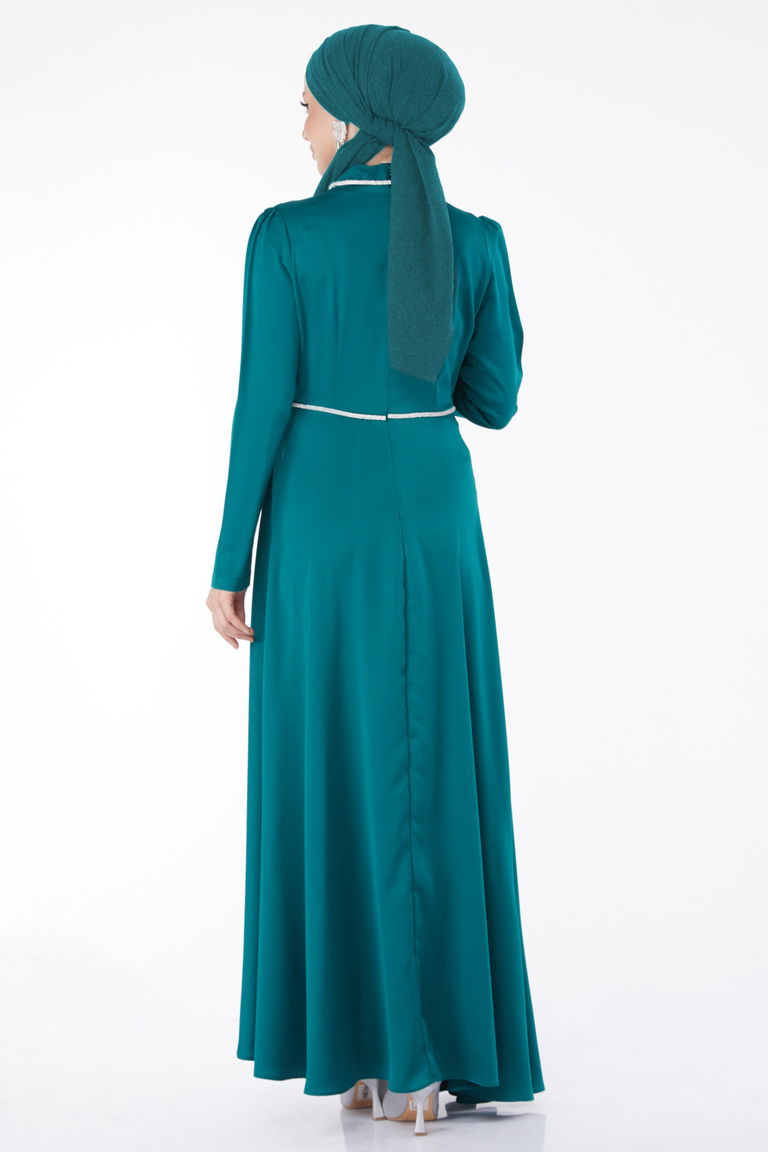 Düz Hakim Yaka Kadın Zümrüt Pile Detaylı Abiye Elbise - 24900 - TOFİSA