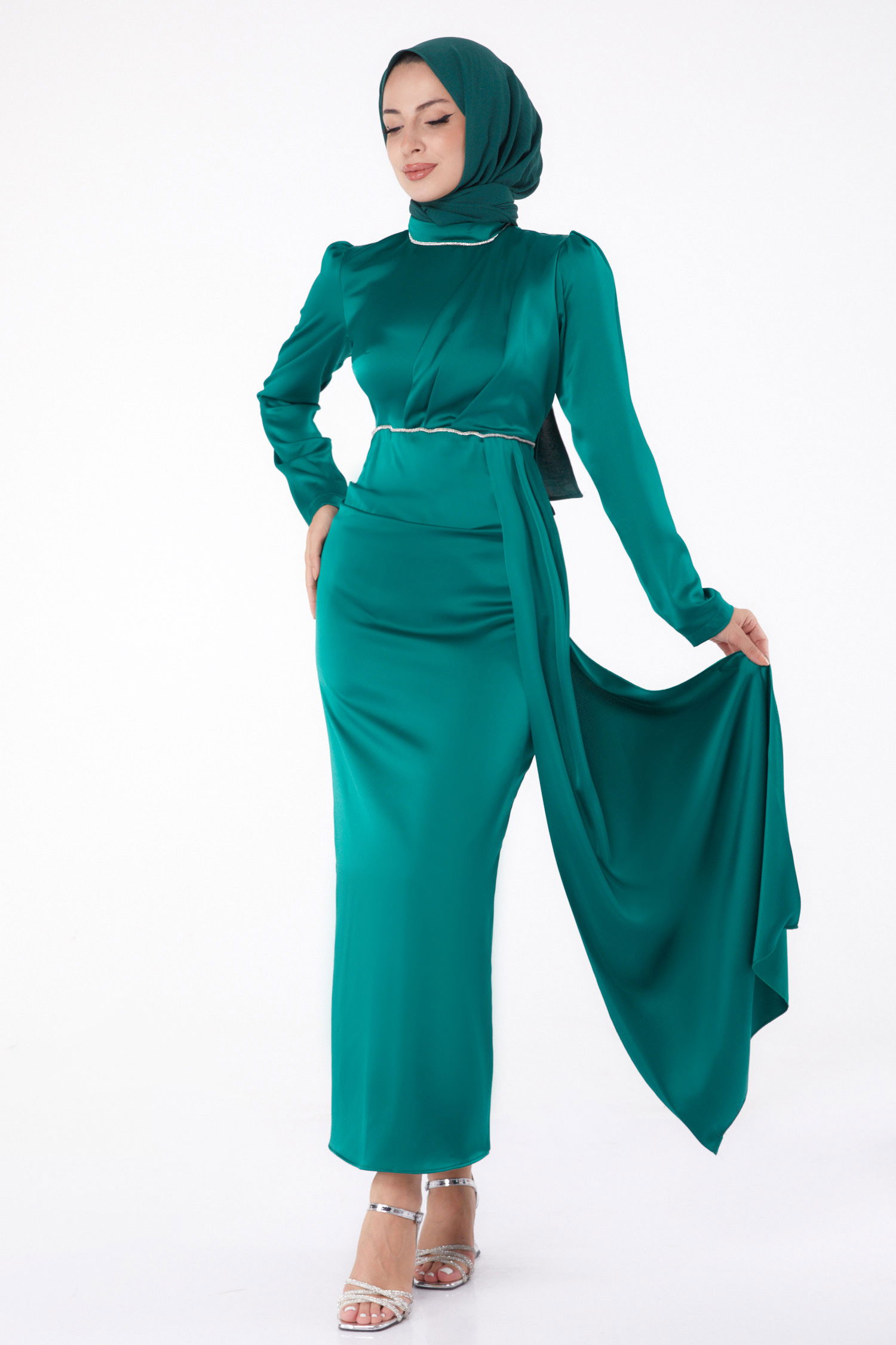 Taşlı Abiye Elbise Zümrüt - 26206 - 1