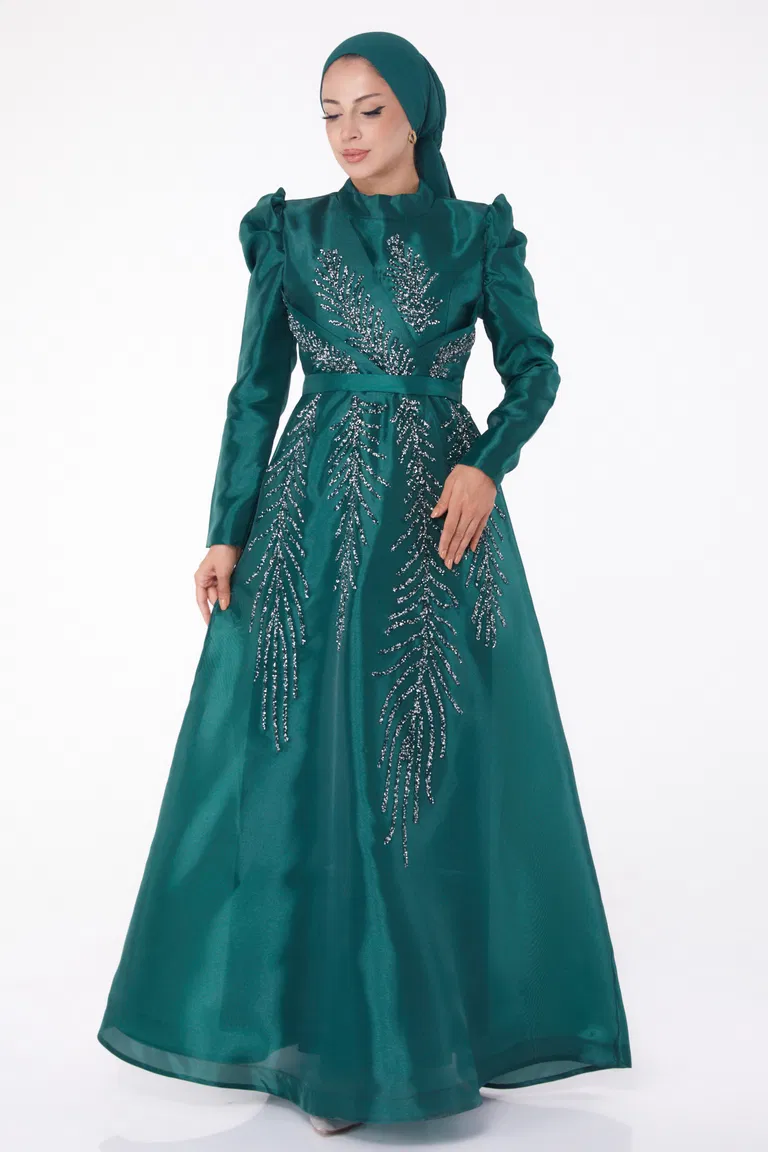 Düz Hakim Yaka Kadın Zümrüt Taşlı Prenses abiye - 26250 - TOFİSA