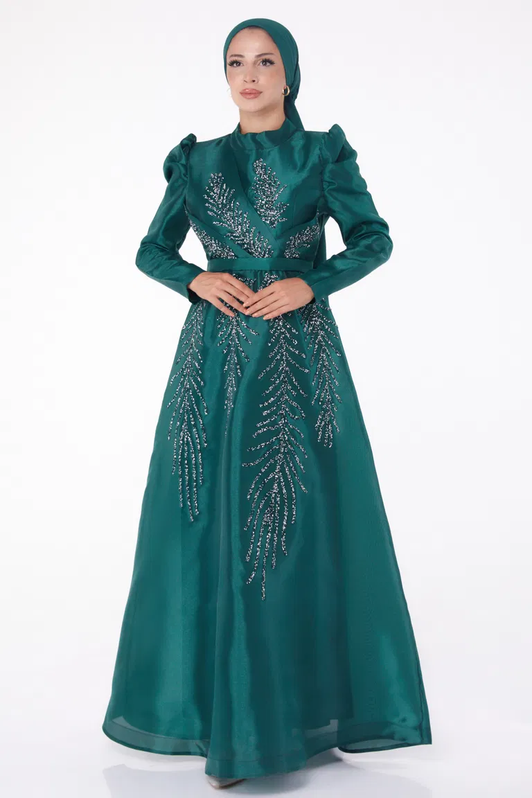 Düz Hakim Yaka Kadın Zümrüt Taşlı Prenses abiye - 26250 - TOFİSA