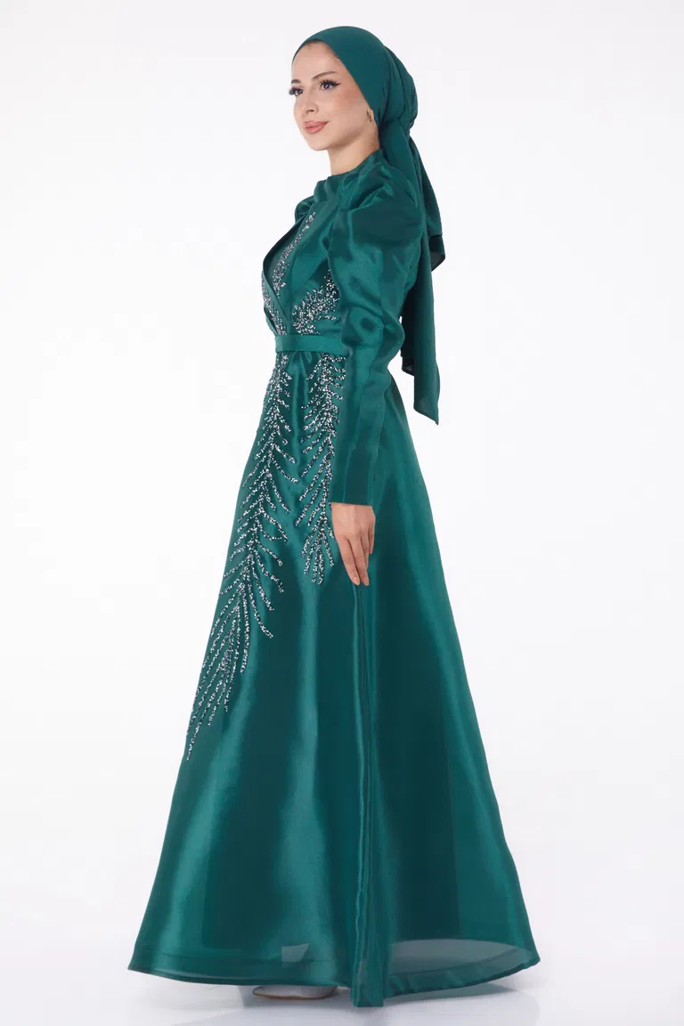 Düz Hakim Yaka Kadın Zümrüt Taşlı Prenses abiye - 26250 - TOFİSA