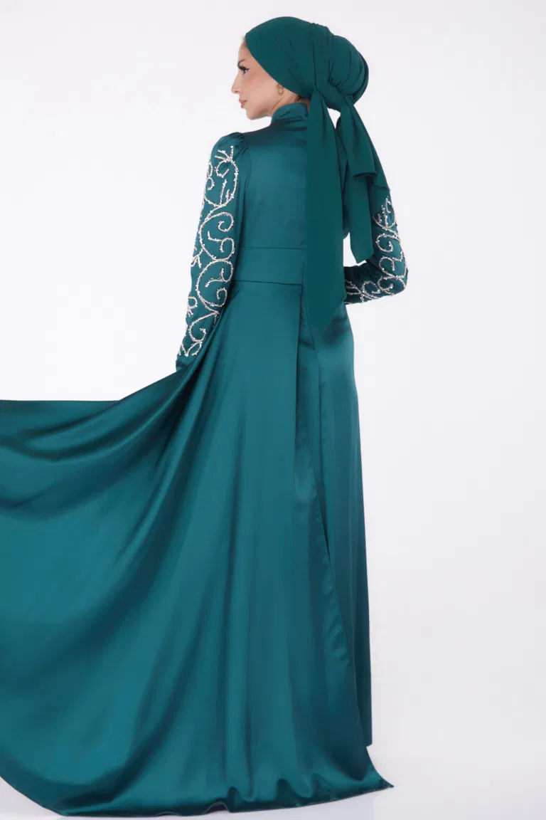 Düz Hakim Yaka Kadın Zümrüt Taşlı Prenses Abiye Elbise - 26253 - TOFİSA