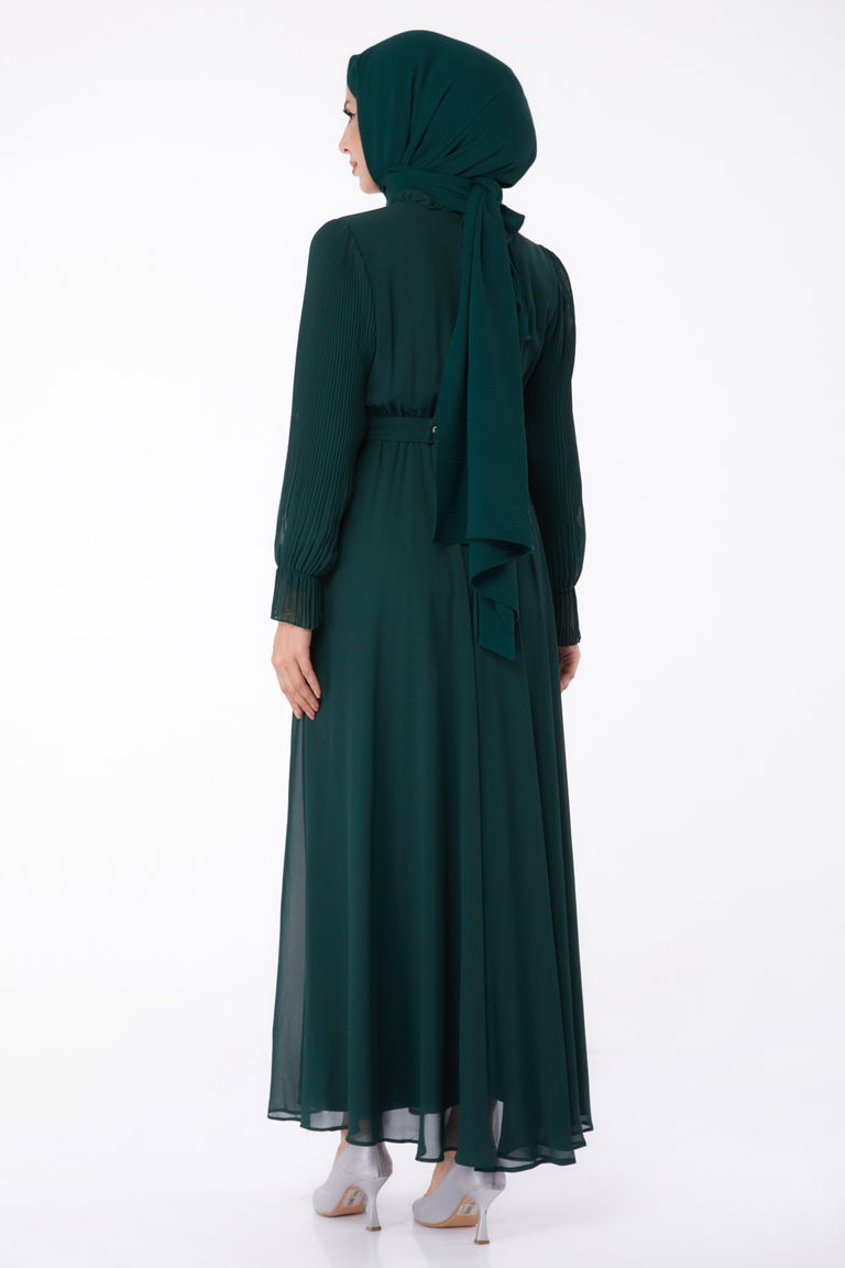 Düz Hakim Yaka Kadın Zumrut Taşlı Şifon Elbise - 26256 - TOFİSA