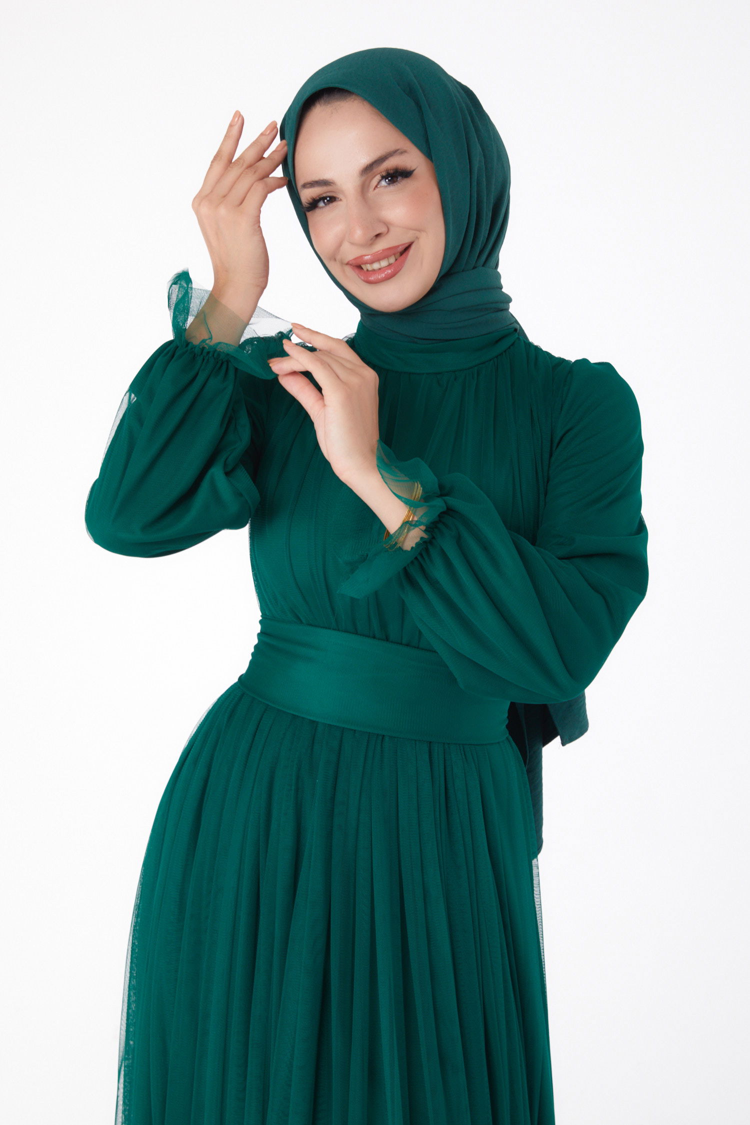 Tüllü Abiye Elbise Zümrüt - 26189 - 4