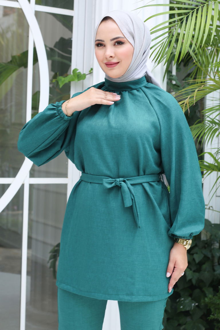 Düz Hakim Yaka Kadın Zümrüt Tunik Pantolon İkili Takım - 13212 - TOFİSA