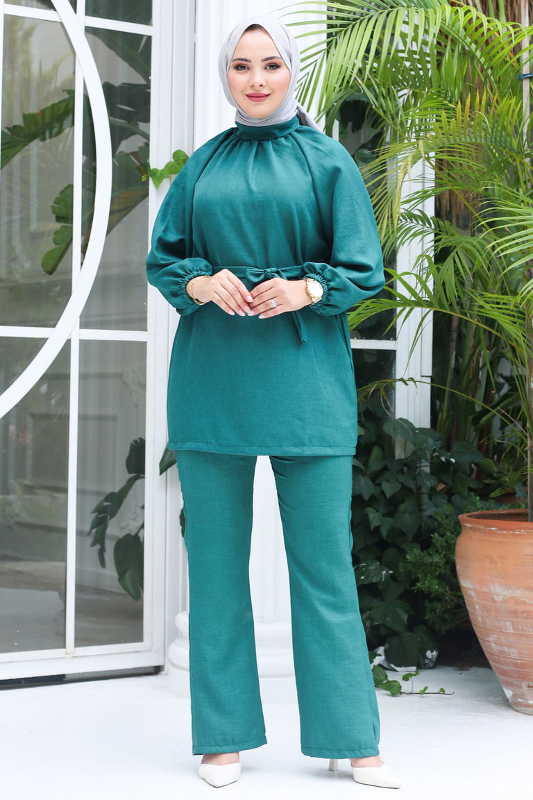 Düz Hakim Yaka Kadın Zümrüt Tunik Pantolon İkili Takım - 13212 - TOFİSA