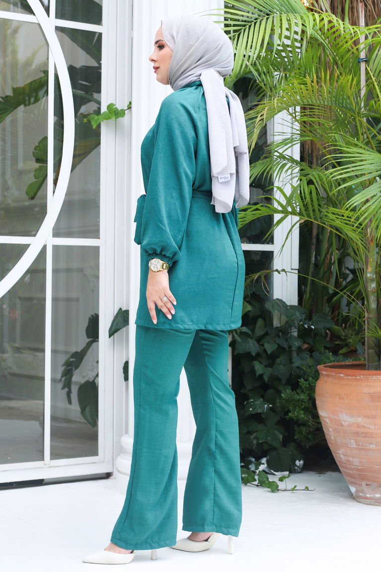 Düz Hakim Yaka Kadın Zümrüt Tunik Pantolon İkili Takım - 13212 - TOFİSA
