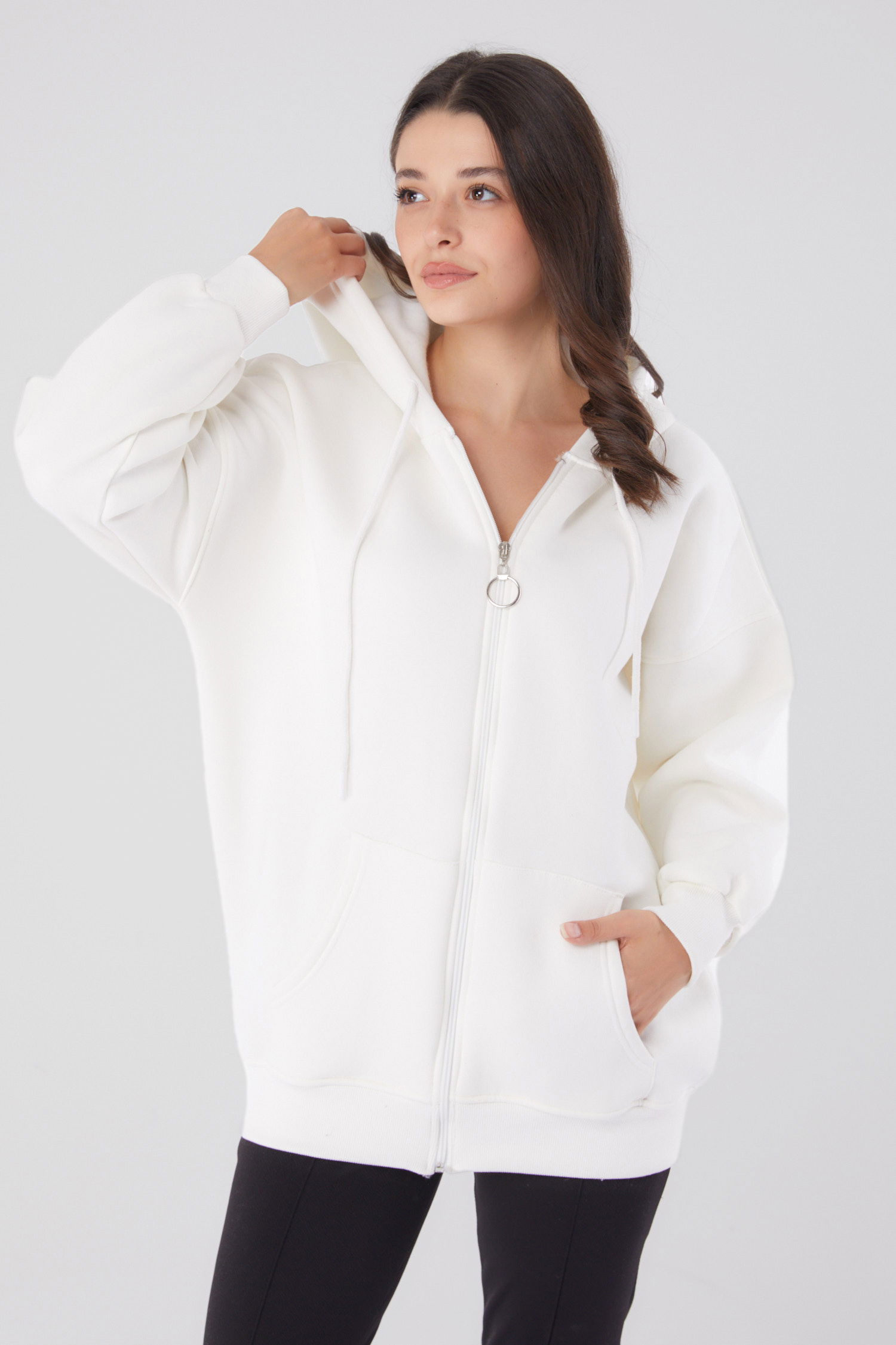 Düz Kapşonlu Yaka Kadın Beyaz Cepli Fermuarlı sweatshirt - 26049 - 1