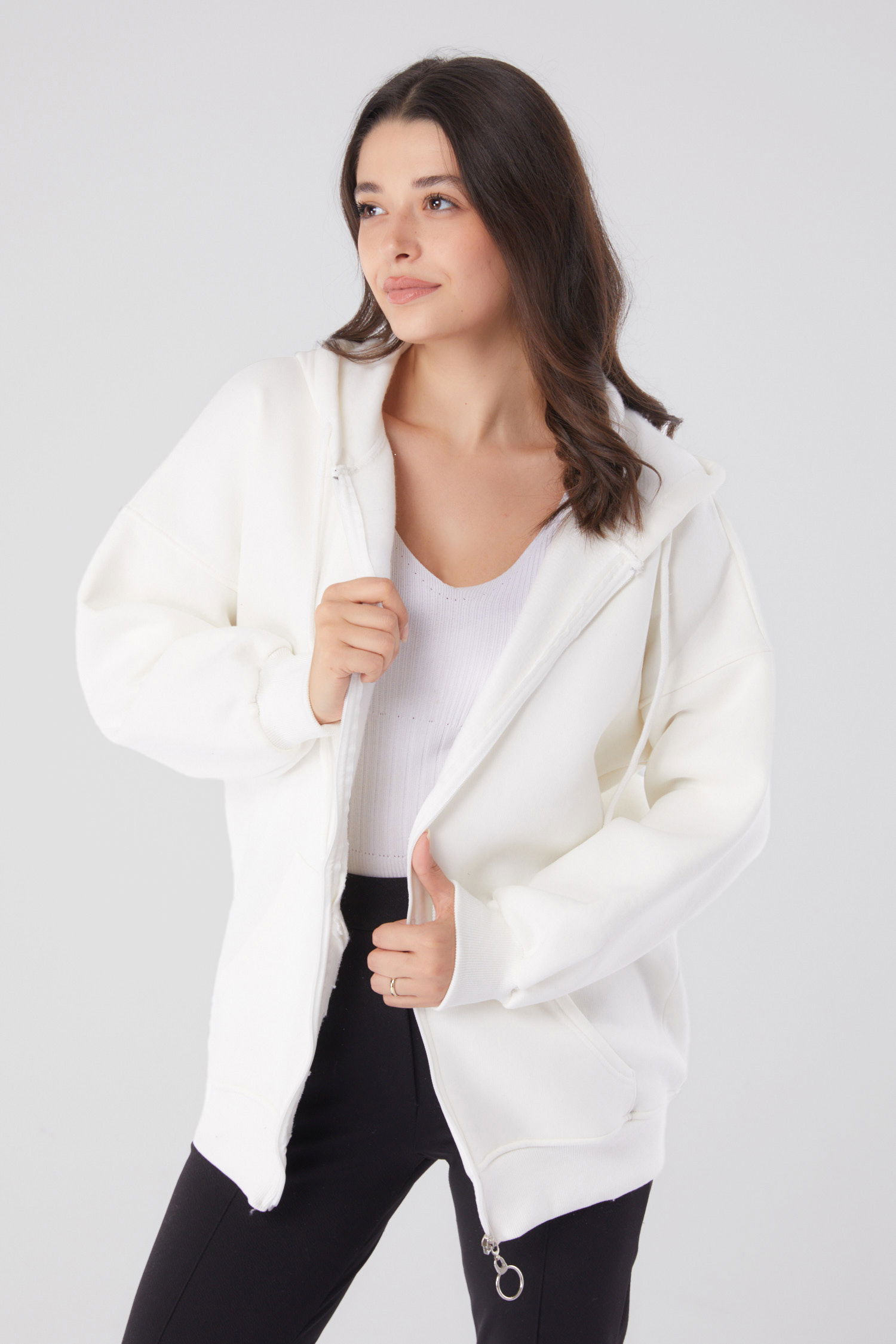 Düz Kapşonlu Yaka Kadın Beyaz Cepli Fermuarlı sweatshirt - 26049 - 2