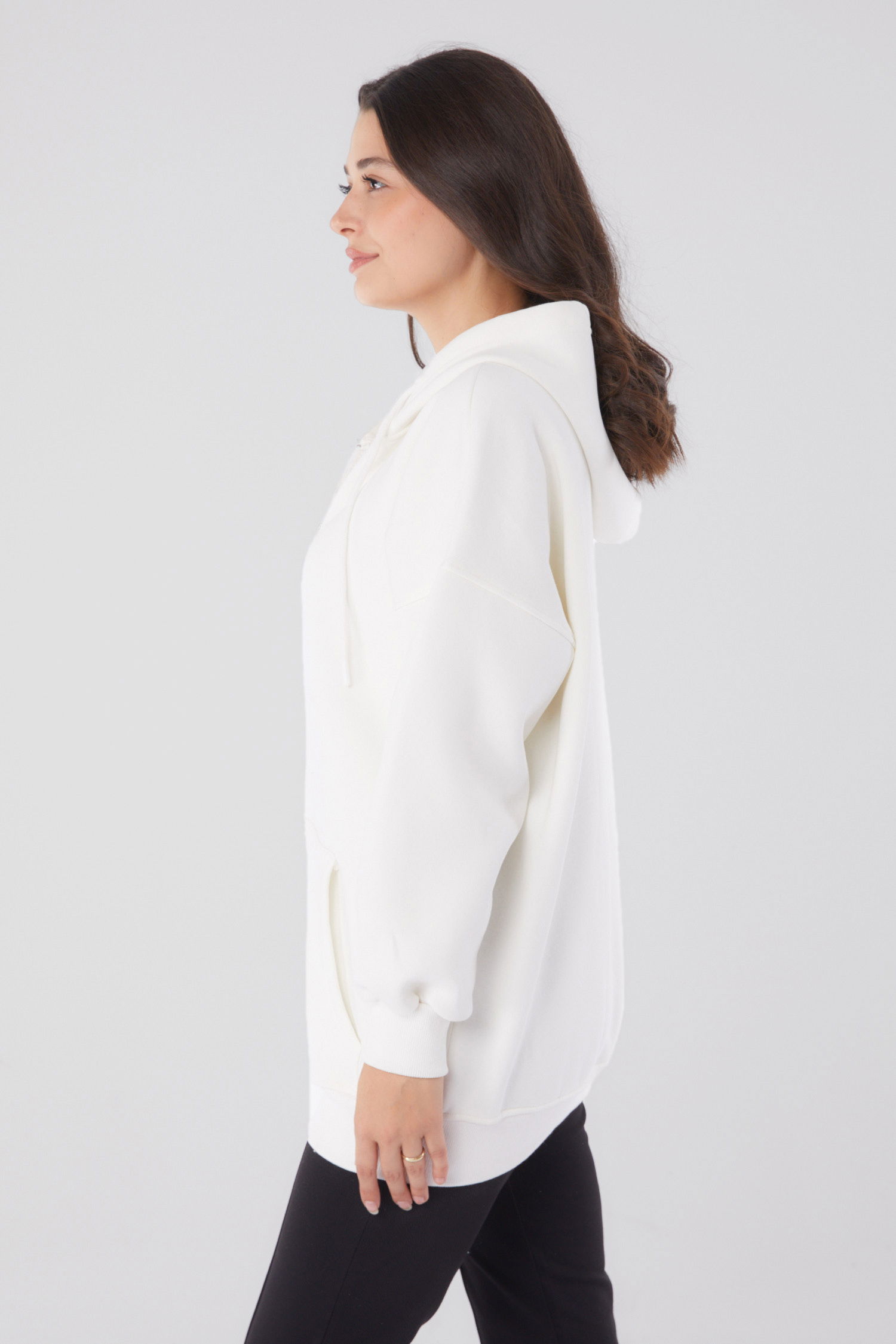 Düz Kapşonlu Yaka Kadın Beyaz Cepli Fermuarlı sweatshirt - 26049 - 3