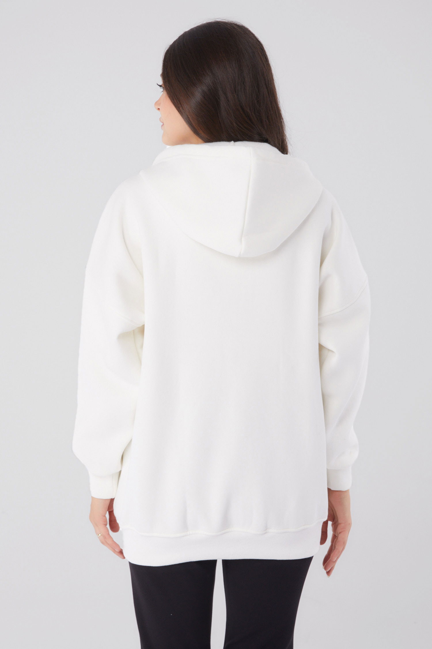 Düz Kapşonlu Yaka Kadın Beyaz Cepli Fermuarlı sweatshirt - 26049 - 4