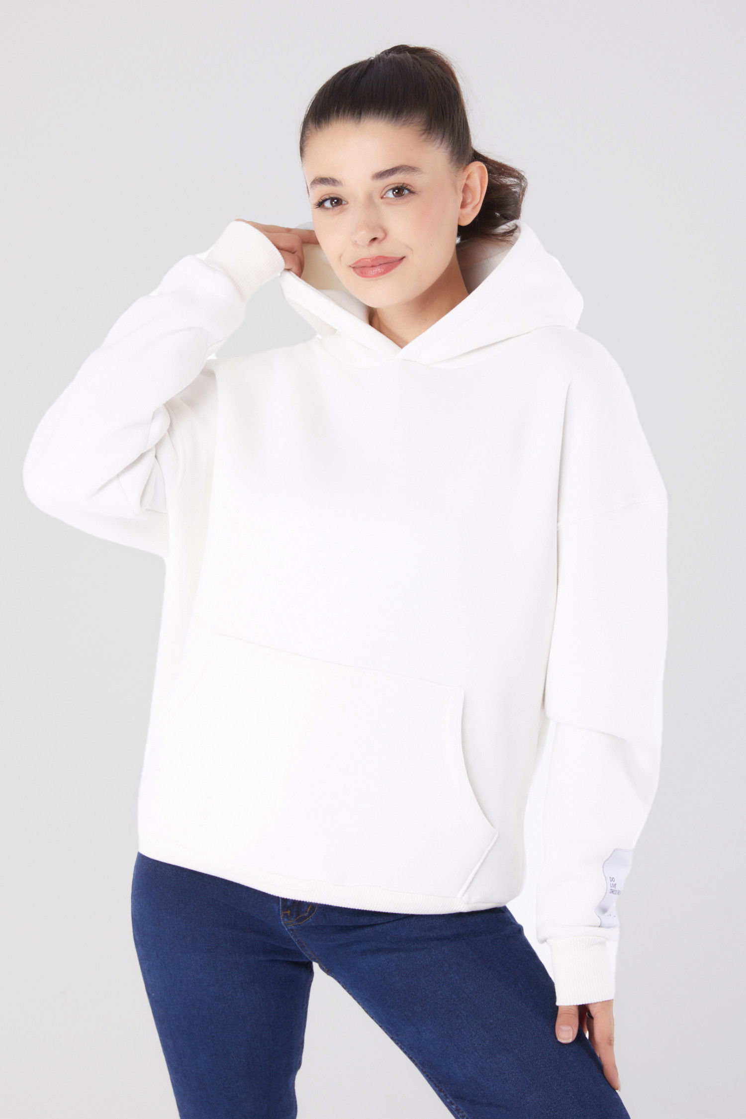 Düz Kapşonlu Yaka Kadın Beyaz Kapşonlu Sweat - 26219 - 1