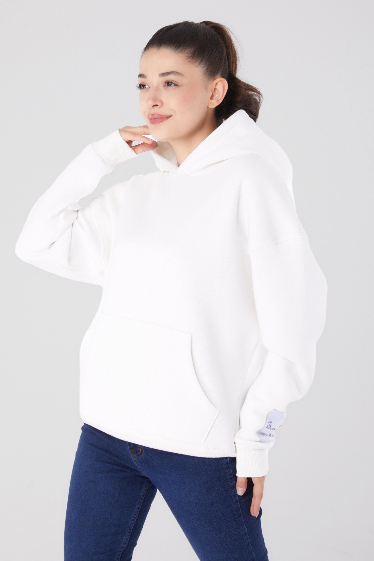Düz Kapşonlu Yaka Kadın Beyaz Kapşonlu Sweat - 26219 - 2