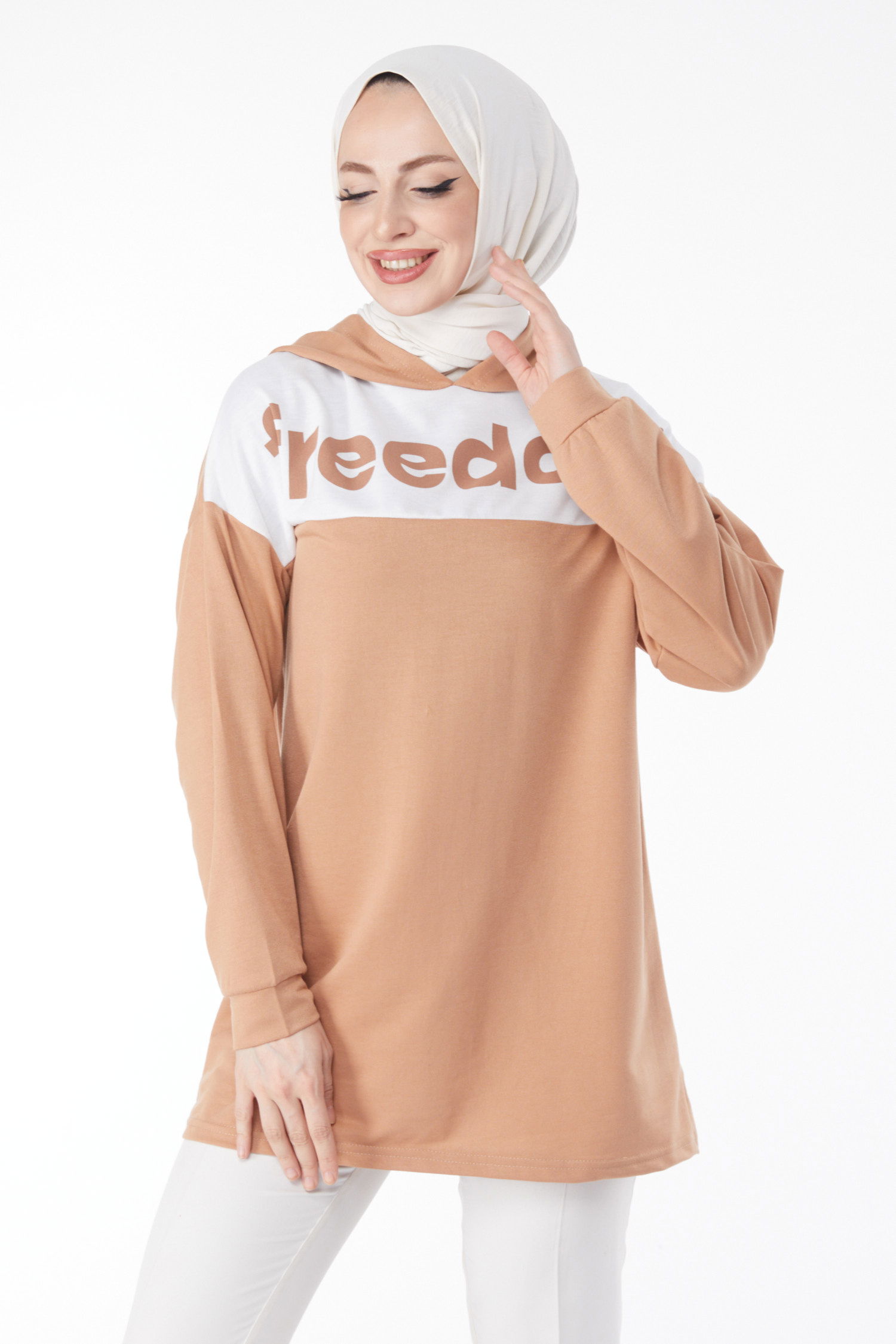 Düz Kapşonlu Yaka Kadın Biskuvi Baskılı Kapşonlu Sweatshirt - 13134 - 2