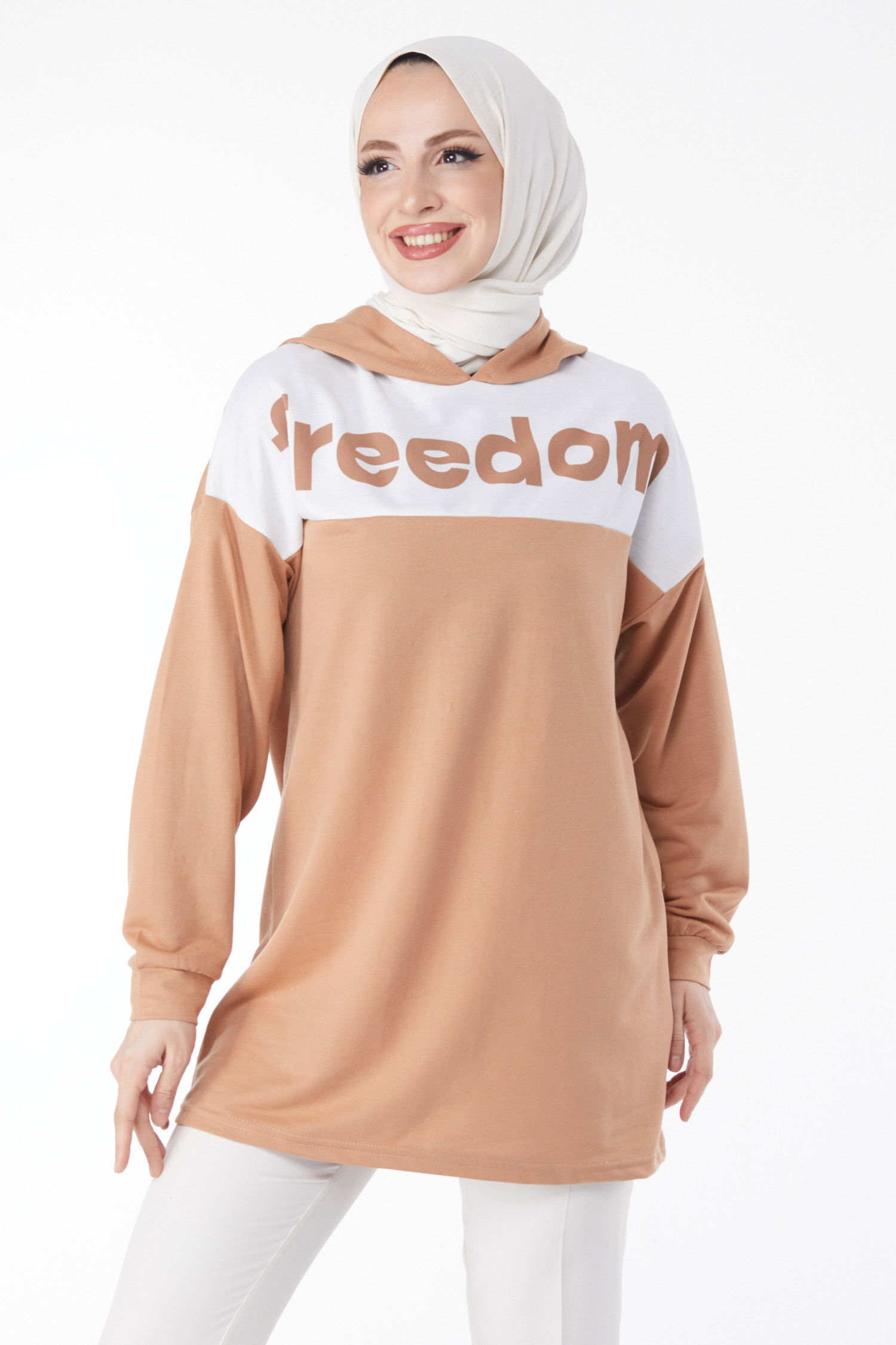 Düz Kapşonlu Yaka Kadın Biskuvi Baskılı Kapşonlu Sweatshirt - 13134 - 3
