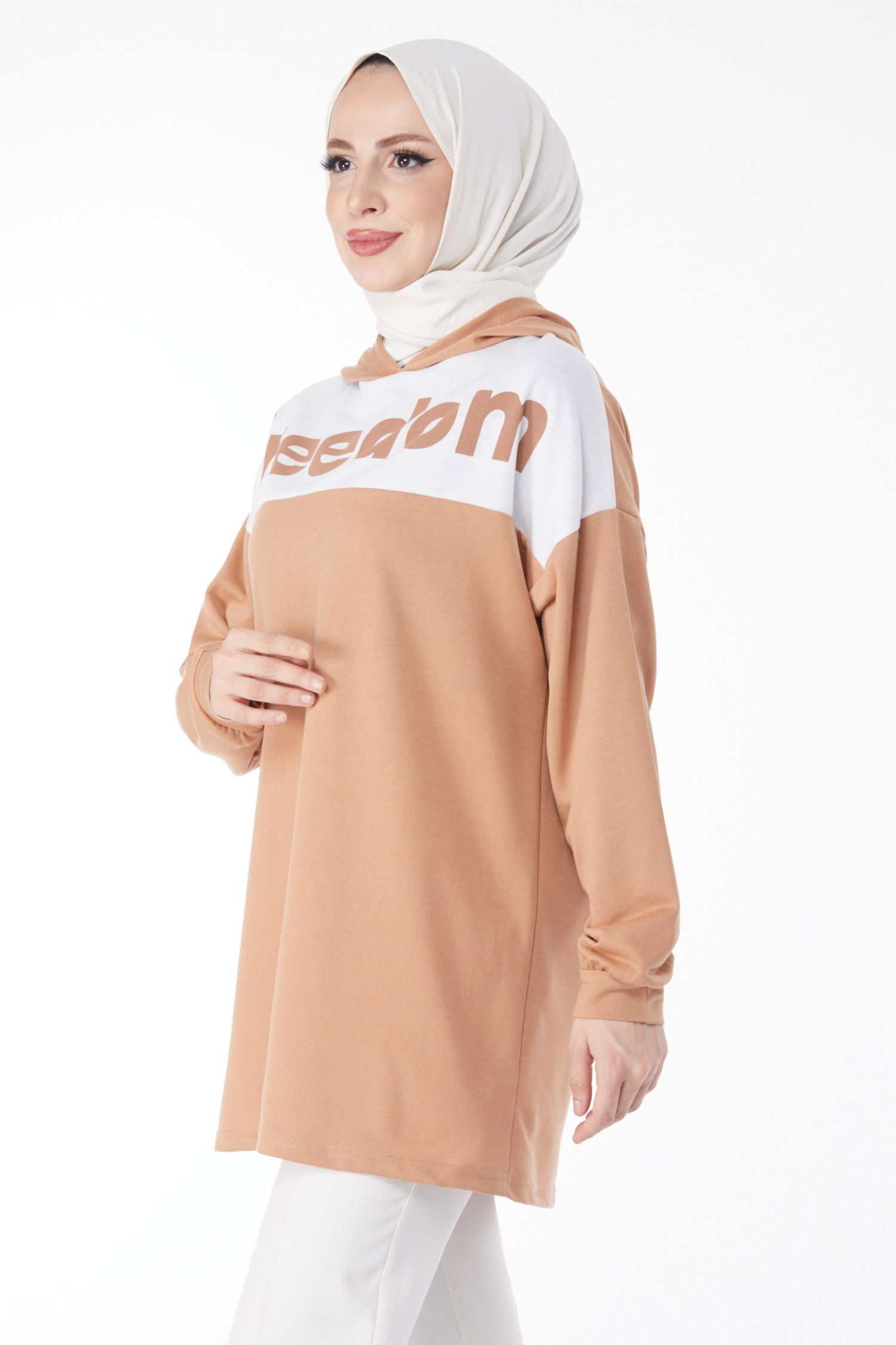 Düz Kapşonlu Yaka Kadın Biskuvi Baskılı Kapşonlu Sweatshirt - 13134 - 4