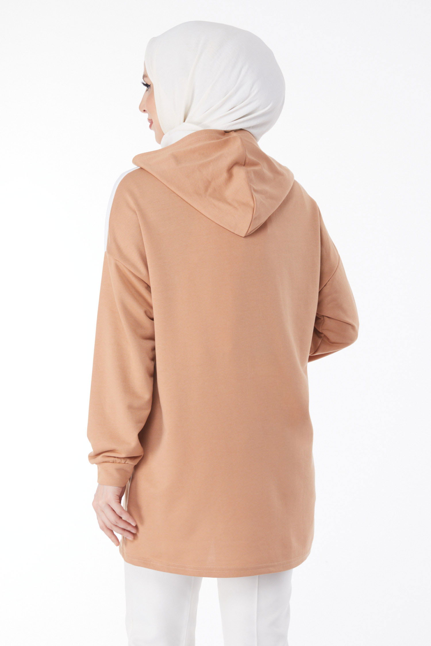 Düz Kapşonlu Yaka Kadın Biskuvi Baskılı Kapşonlu Sweatshirt - 13134 - 5