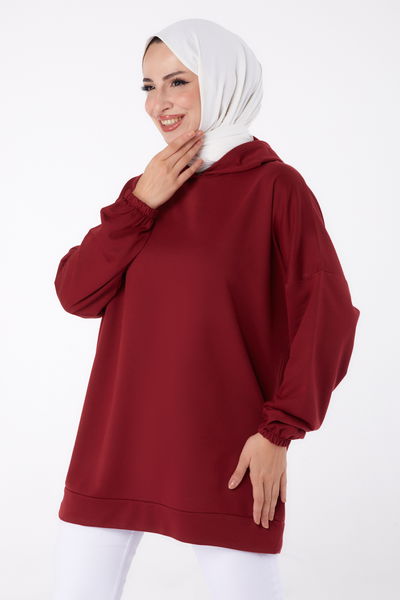 Düz Kapşonlu Yaka Kadın Bordo Arkası Baskılı Sweatshirt - 13327 