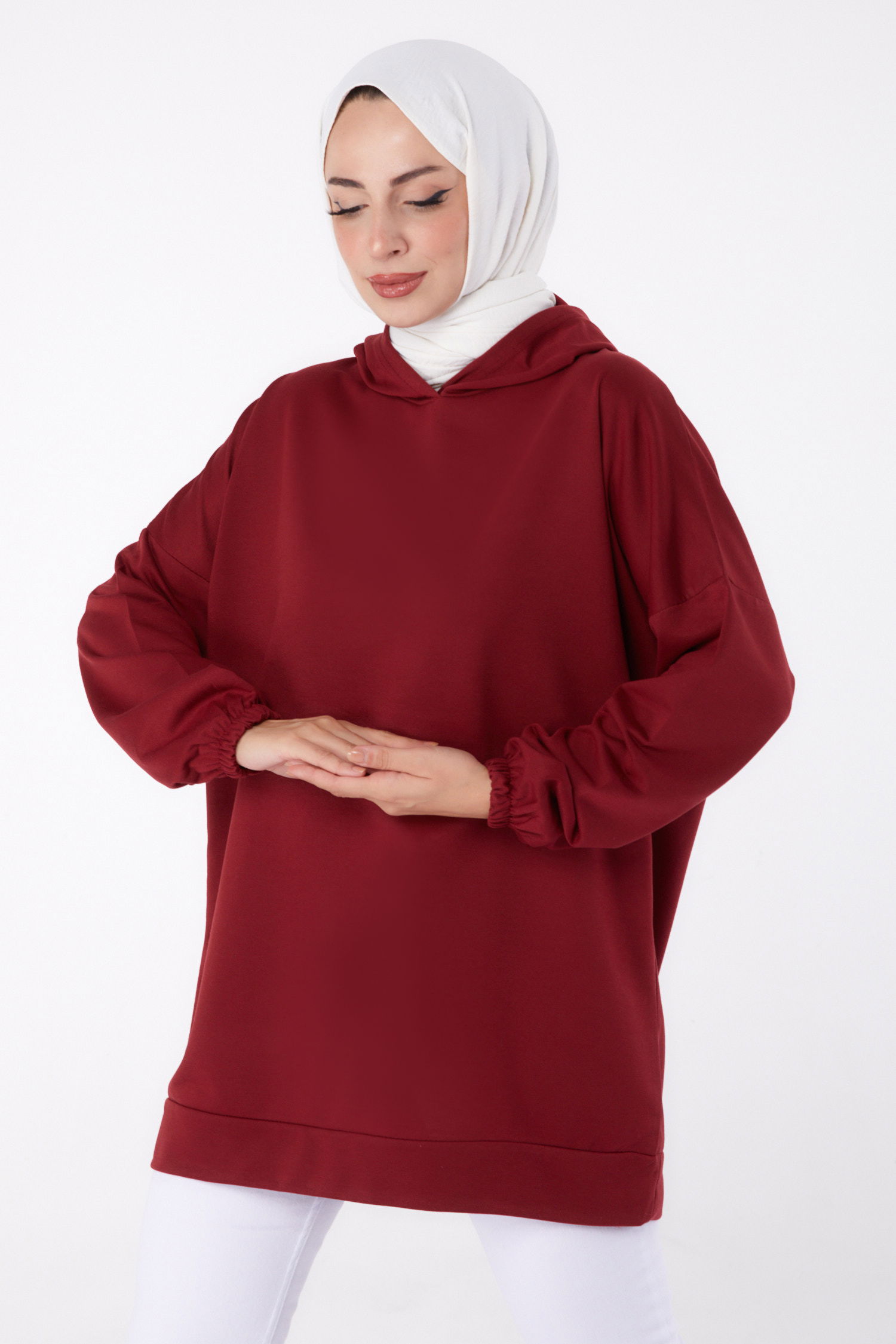 Düz Kapşonlu Yaka Kadın Bordo Arkası Baskılı Sweatshirt - 13327 - 2