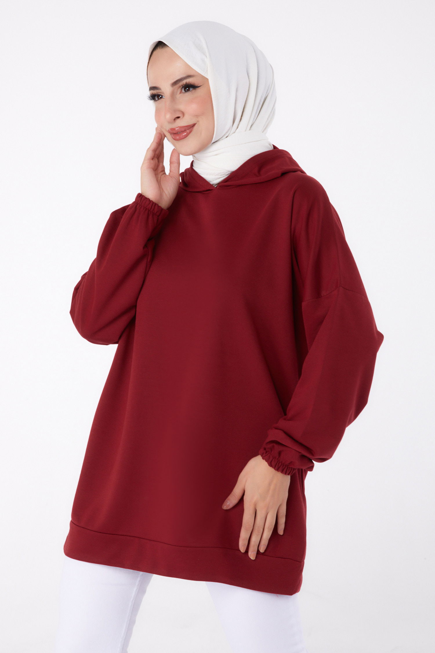 Düz Kapşonlu Yaka Kadın Bordo Arkası Baskılı Sweatshirt - 13327 - 3